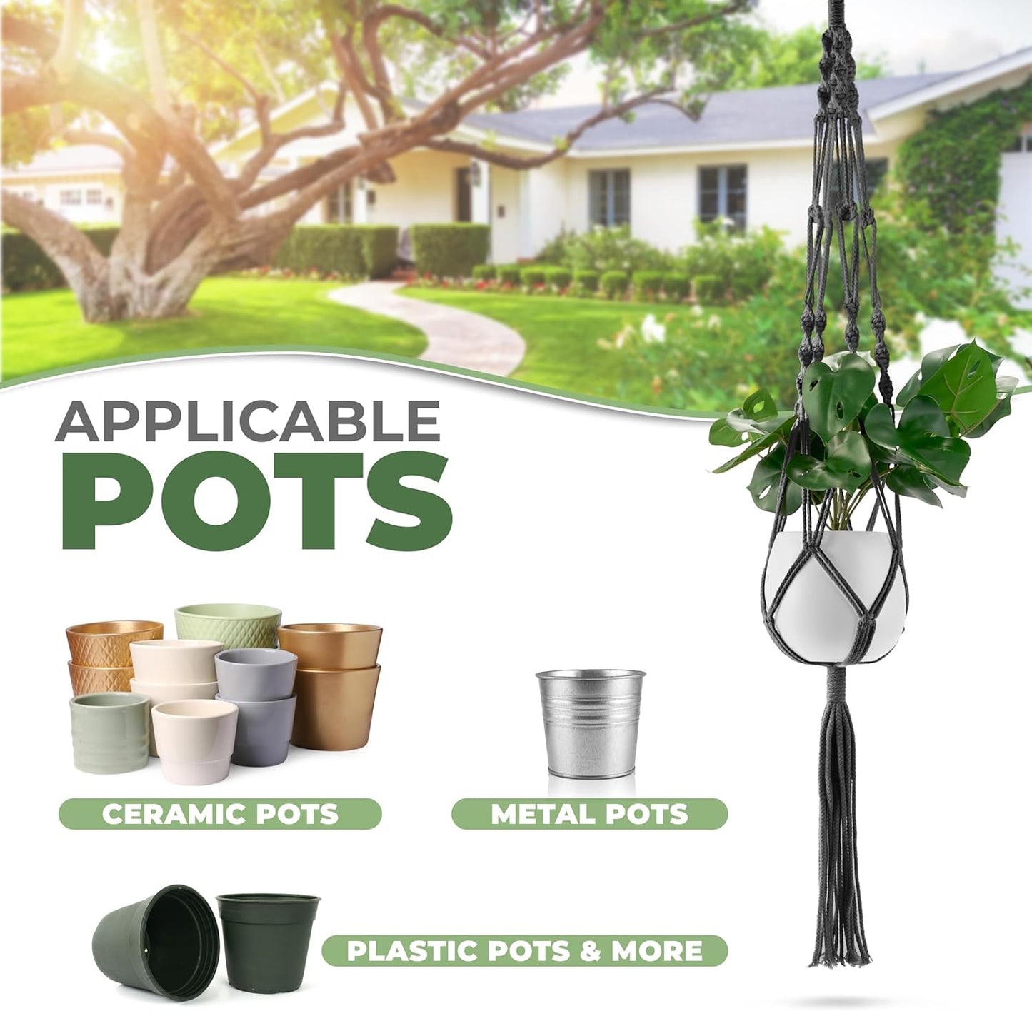 Sorbus Macrame Plant Hanger (6 Pack) Indoor Outdoor Hanging Plant Pots Cotton Rope, Elegant for Home, Patio, Garden (Black)