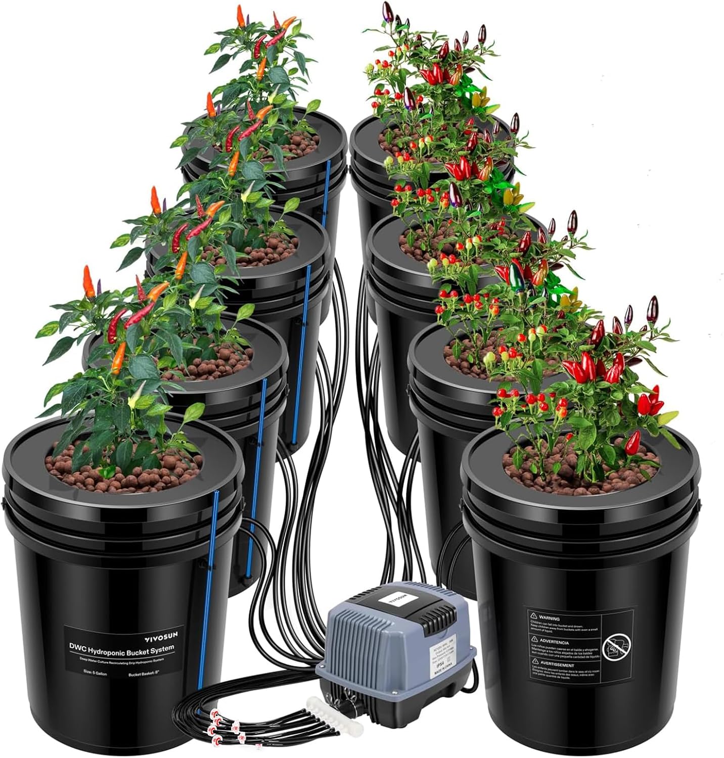 VIVOSUN DWC Hydroponics Grow System with Top Drip Kit, 5-Gallon Deep Water Culture, Recirculating Drip Garden System with Multi-Purpose Air Hose, Air Pump, and Air Stone (8 Buckets + Top Drip Kit)
