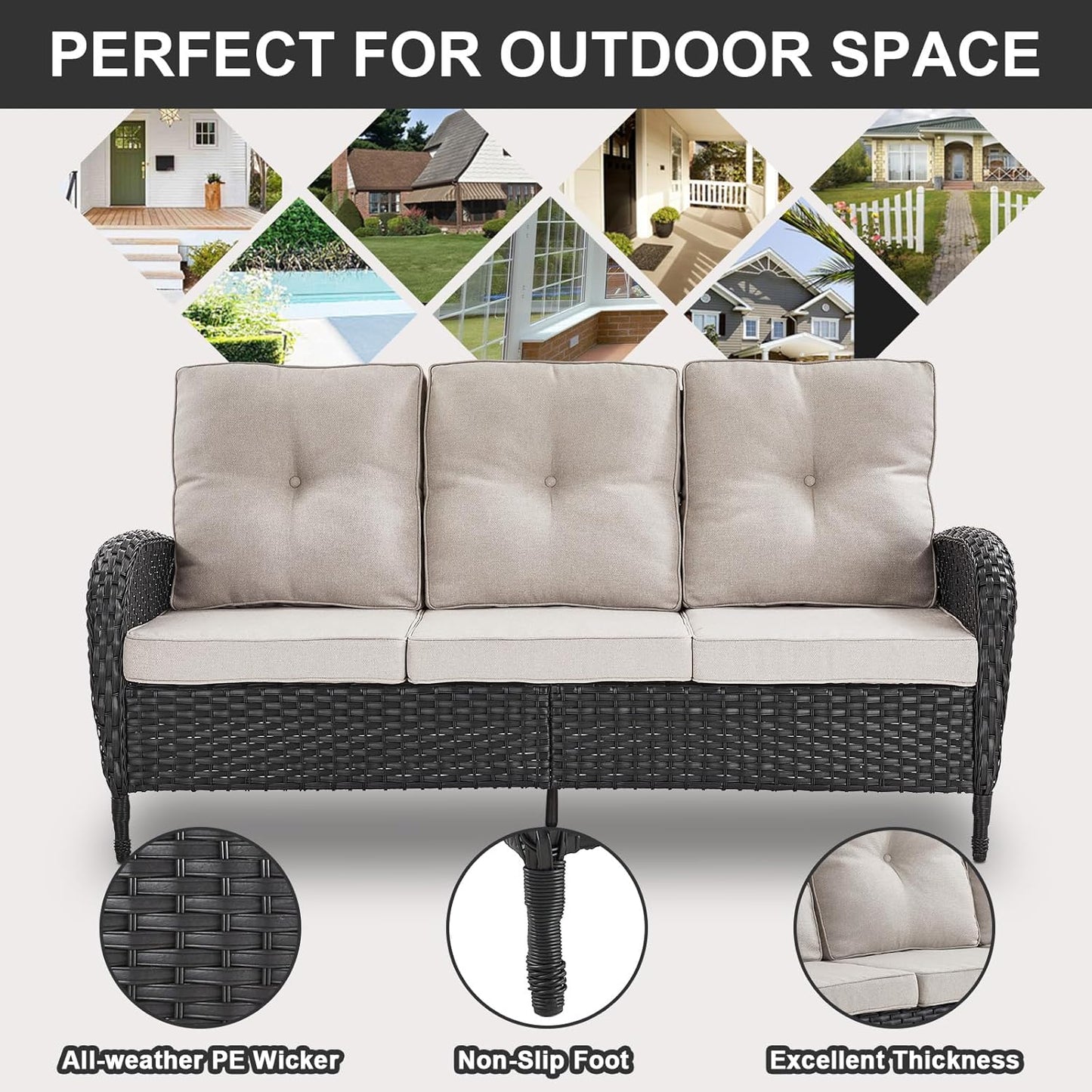 Expansive 10 Pieces Outdoor Patio Furniture Set with 43” Propane Fire Pit Table, Patio Conversation Set with Swivel Rocker Outdoor Chairs Set of 4 and Sofa, Ottoman and Wicker Side Table Black