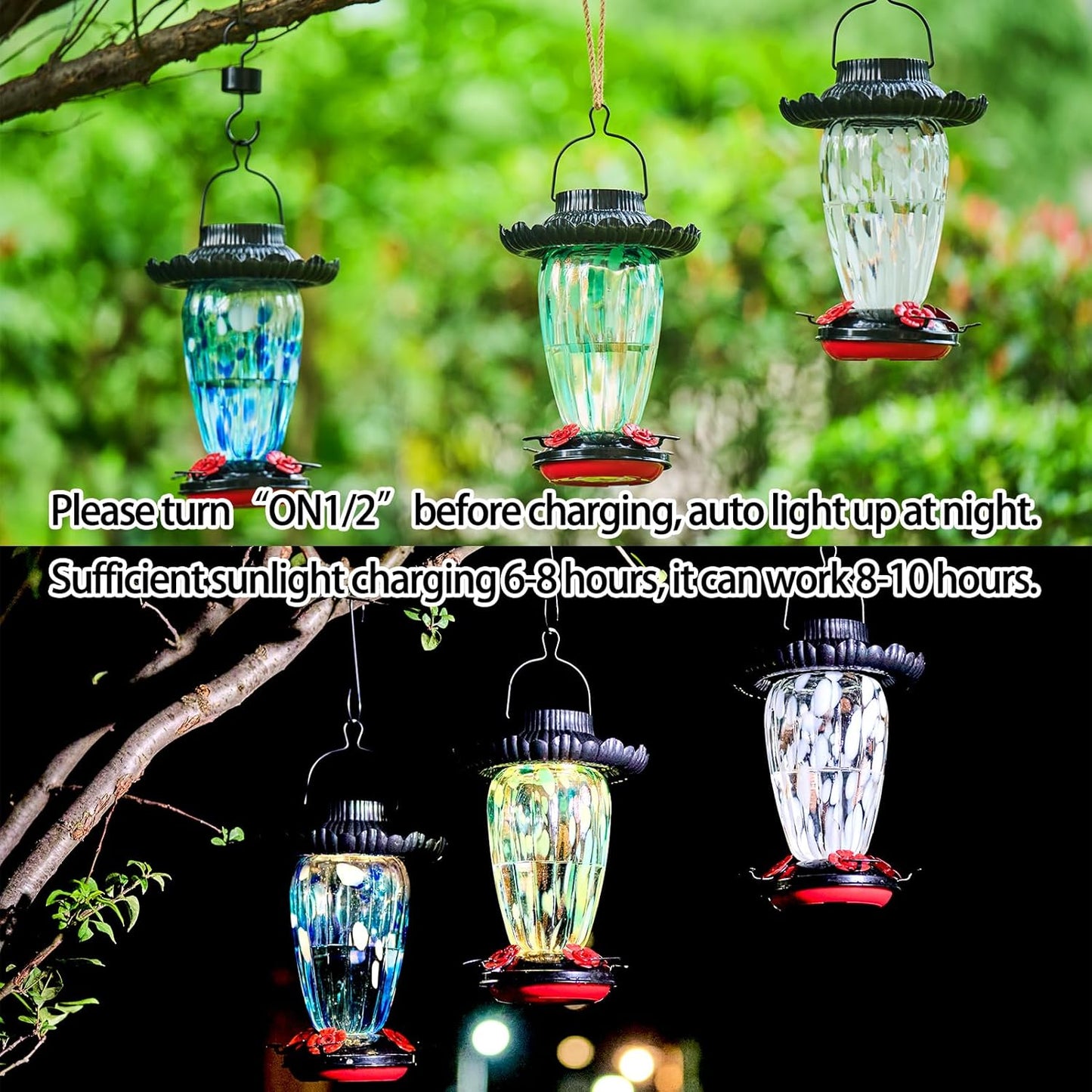 Muse Garden Solar Hummingbird Feeders for Outdoors Hanging, 38oz Hand Blown Glass Humming Bird Feeders for Garden Decor, Moms Birthday Unique, Blue