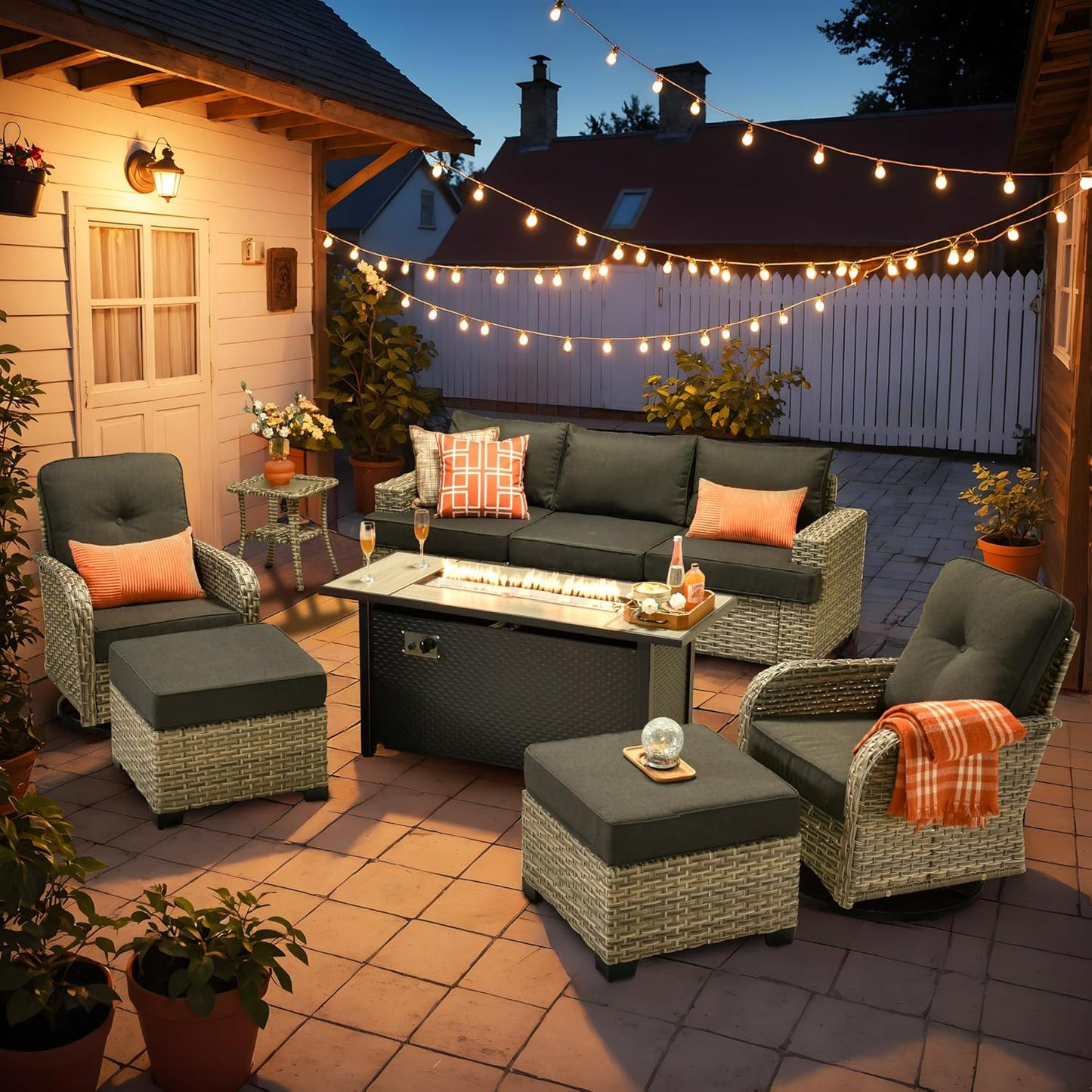 HOOOWOOO Outdoor Sectional Patio Furniture Set with Fire Pit Table,9 Pieces Wicker Conversation Sets,Extra Deep Out Door Sofa Outside Furniture Couch Swivel Chairs Ottoman,Black