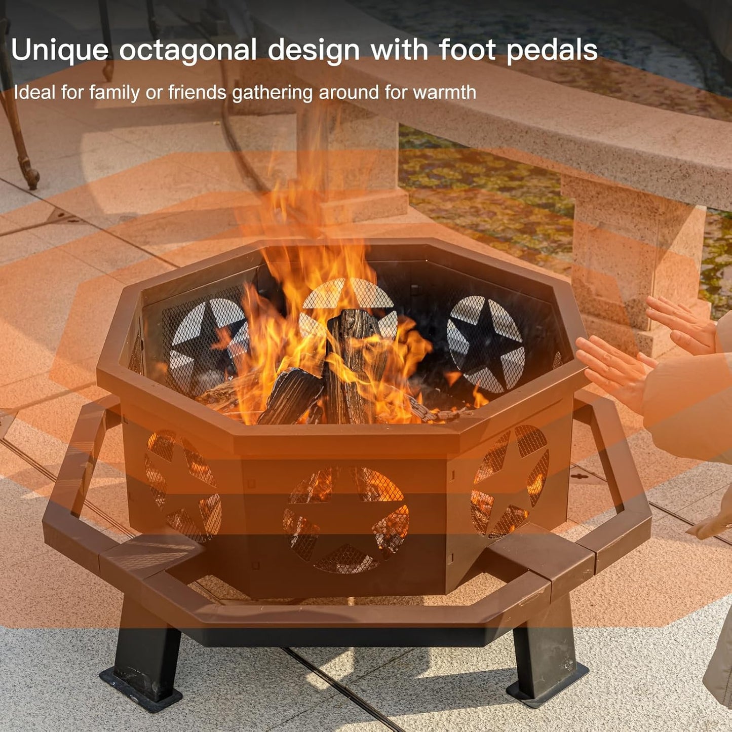 32 inch Fire Pit for Outside, Heavy Duty Wood Burning Fire Pits with Fire Poker, Outdoor Octagonal Firepit for Camping, Yard, Patio