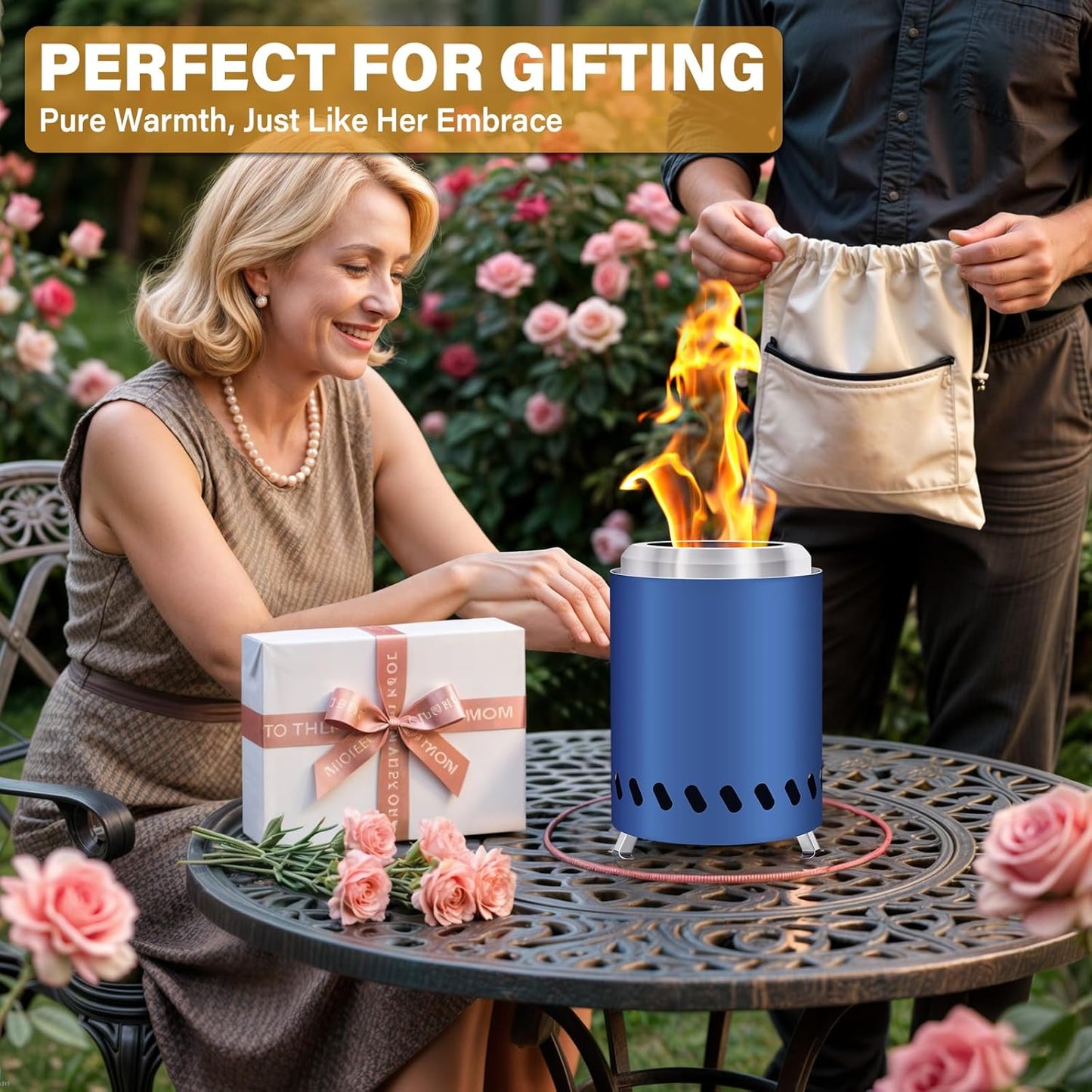 HGD 9.6 x 7.1 in Small Tabletop Fire Pit, Portable Mini Smokeless Table Top Firepit, Low Smoke Camping Stove for Outdoor & Patio, Fueled by Pellets or Wood, with Travel Bag, Stainless Steel, Blue