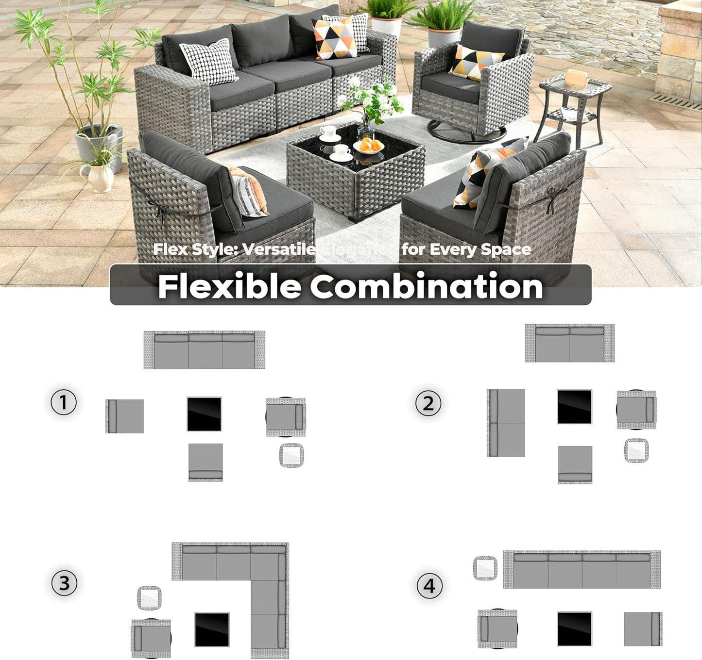 ovios 8 Pieces Patio Furniture Set, Outdoor Wicker Sectional Sofa with Swivel Chair Coffee Table, Modern Modular Deep Seat Rattan Couch Conversation Sets, Black