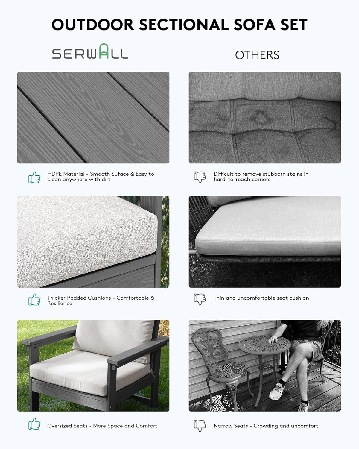 SERWALL HDPE Patio Conversation Set, 6-Piece Sectional Outdoor Furniture Set, All Weather Outdoor Couch Set Patio Furniture Set for Deck, Lawn, Grey Frame with Khaki Cushion