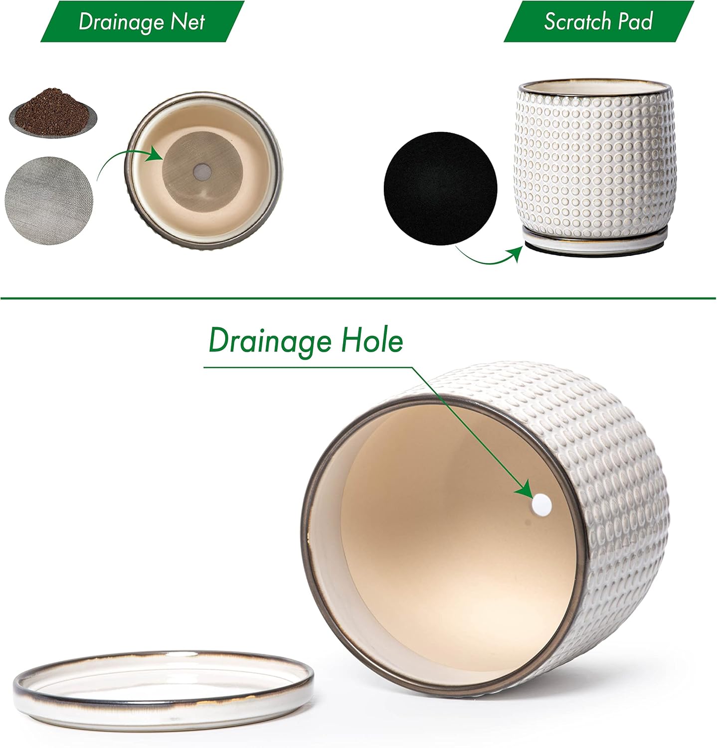 D'vine Dev Set of 2 Ceramic Plants Pots, 6 Inch Beaded Stoneware Flower Pot for Plants with Drainage Hole and Saucer, Smoked White, 27-E-X-1