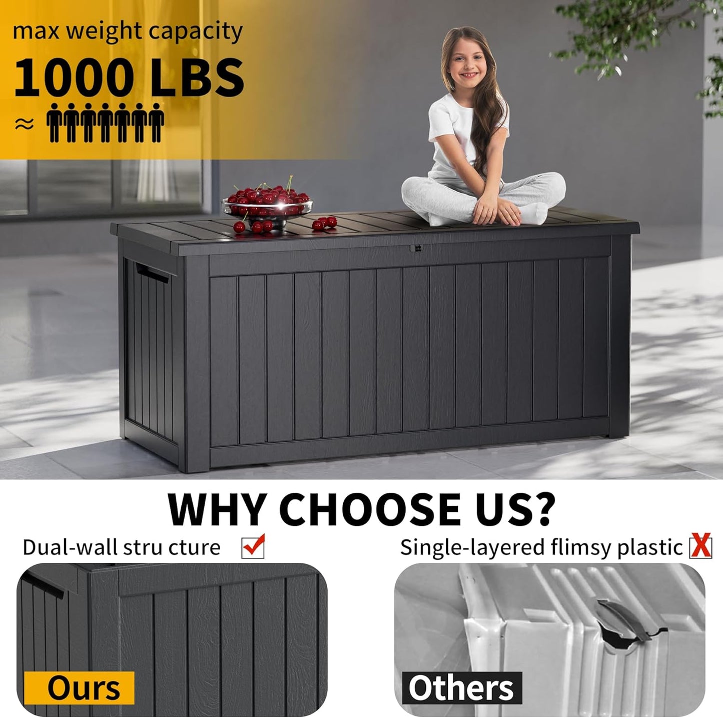 270 Gallon Outdoor Storage Box Patio Deck Box Waterproof, Resin Lockable Outside Large Storage Bin for Pool Cushion Furniture, Garden Tools UV-Resistant, Black