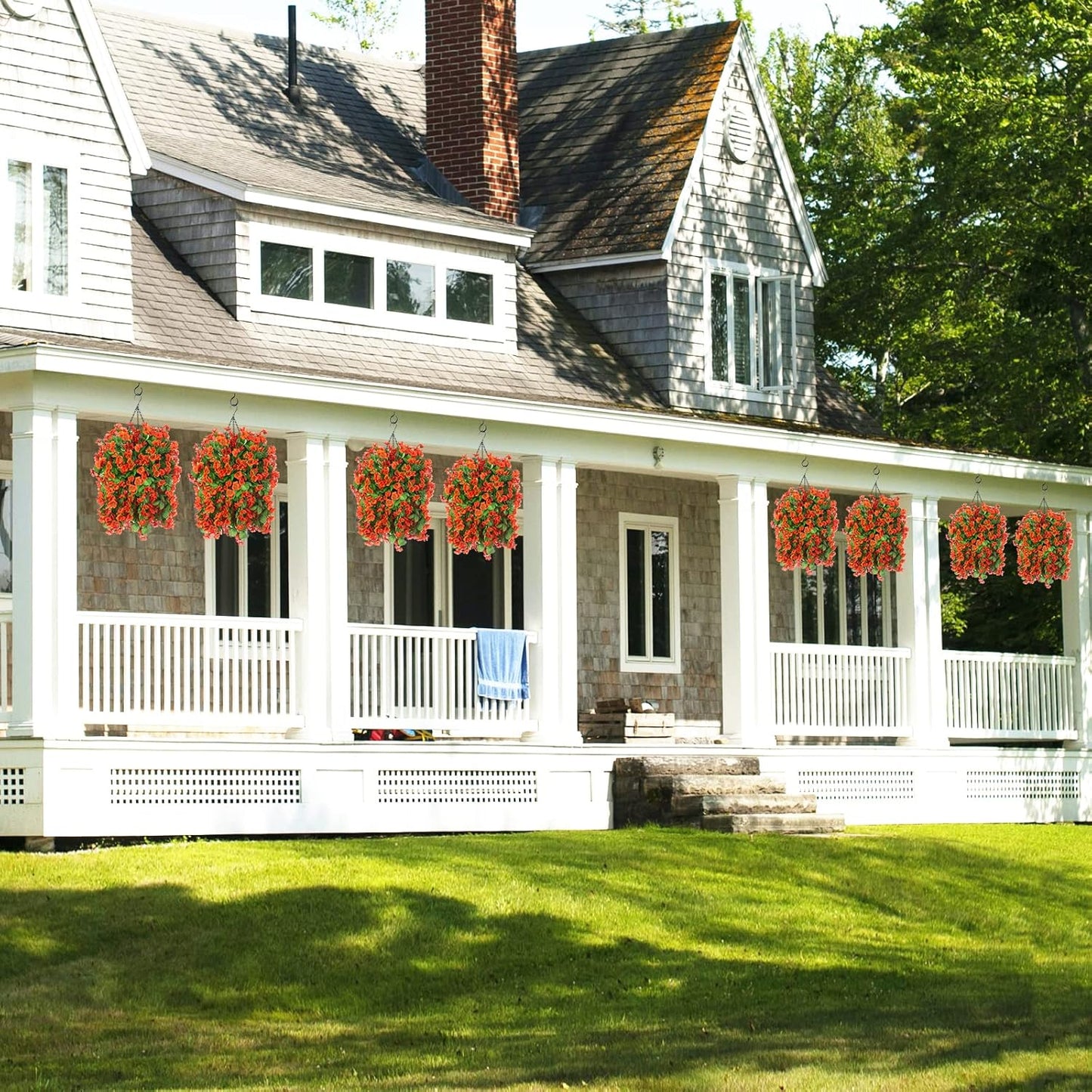 Artificial Hanging Flowers in 12 inch Basket, Fake Fall Plant Silk Orchid Flower Arrangement with Coconut Lining Pot Planter for Patio Garden Porch Deck Summer Autumn Decorationr(Orange)