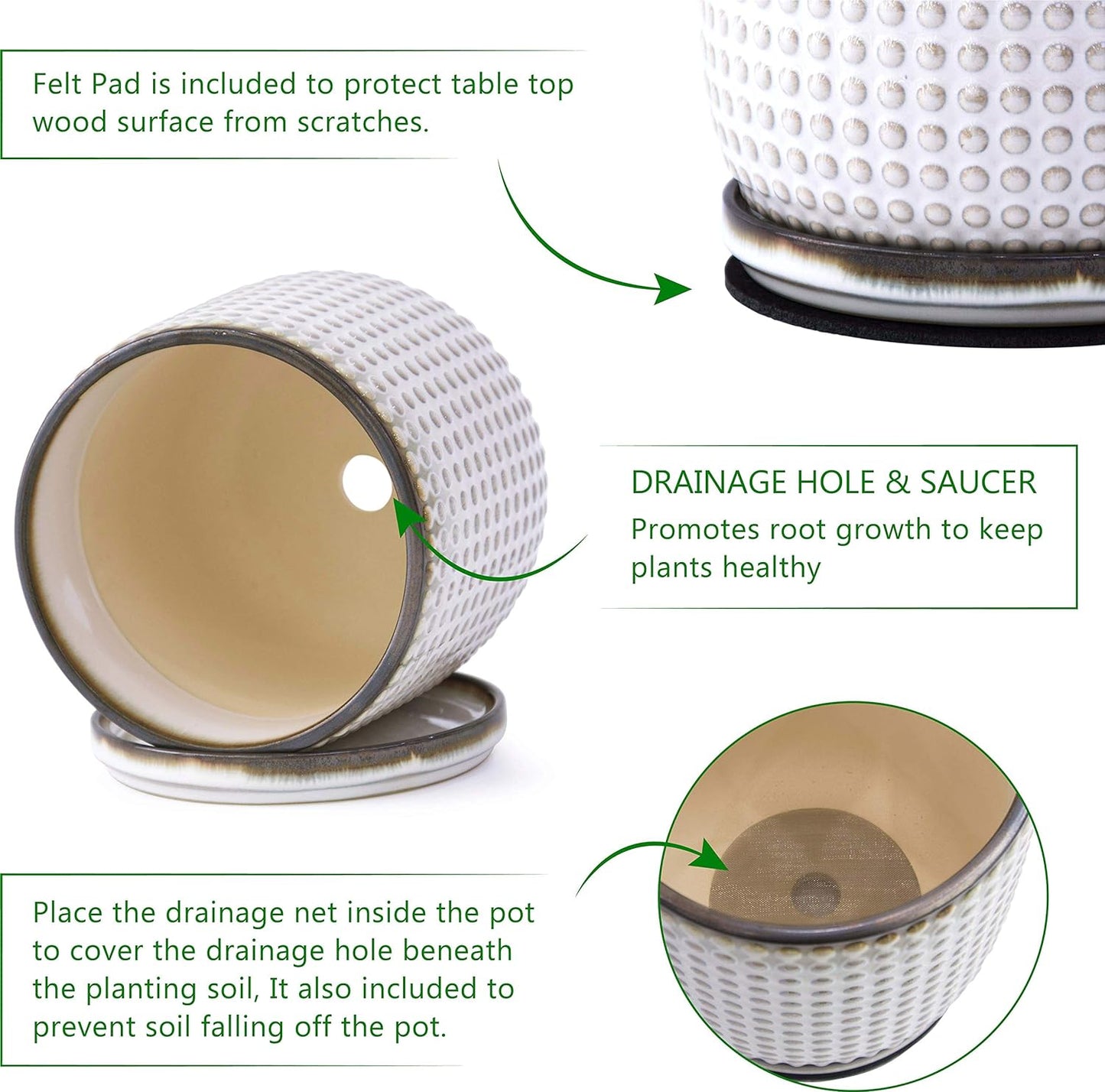 D'vine Dev 4 Inch Ceramic Beaded Stoneware Planter Pot - Flower Pot with Drainage Holes and Saucers for Indoor Succulent Plants or Flowers, Smoked White, 27-C-Z-1