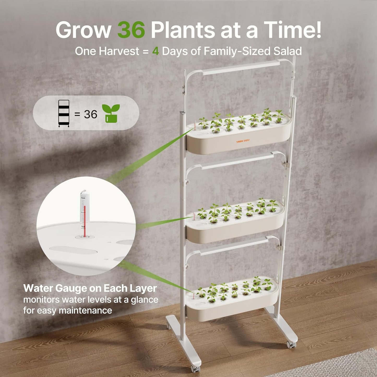 SUNCOZE 3-Tier Hydroponics Growing System Kit with 36 Pods – Full Spectrum Grow Lights, Hydroponic System Equipped with Smart Controller, Indoor Herb Garden Kit for Vegetables, Herbs, Fruits&Flowers