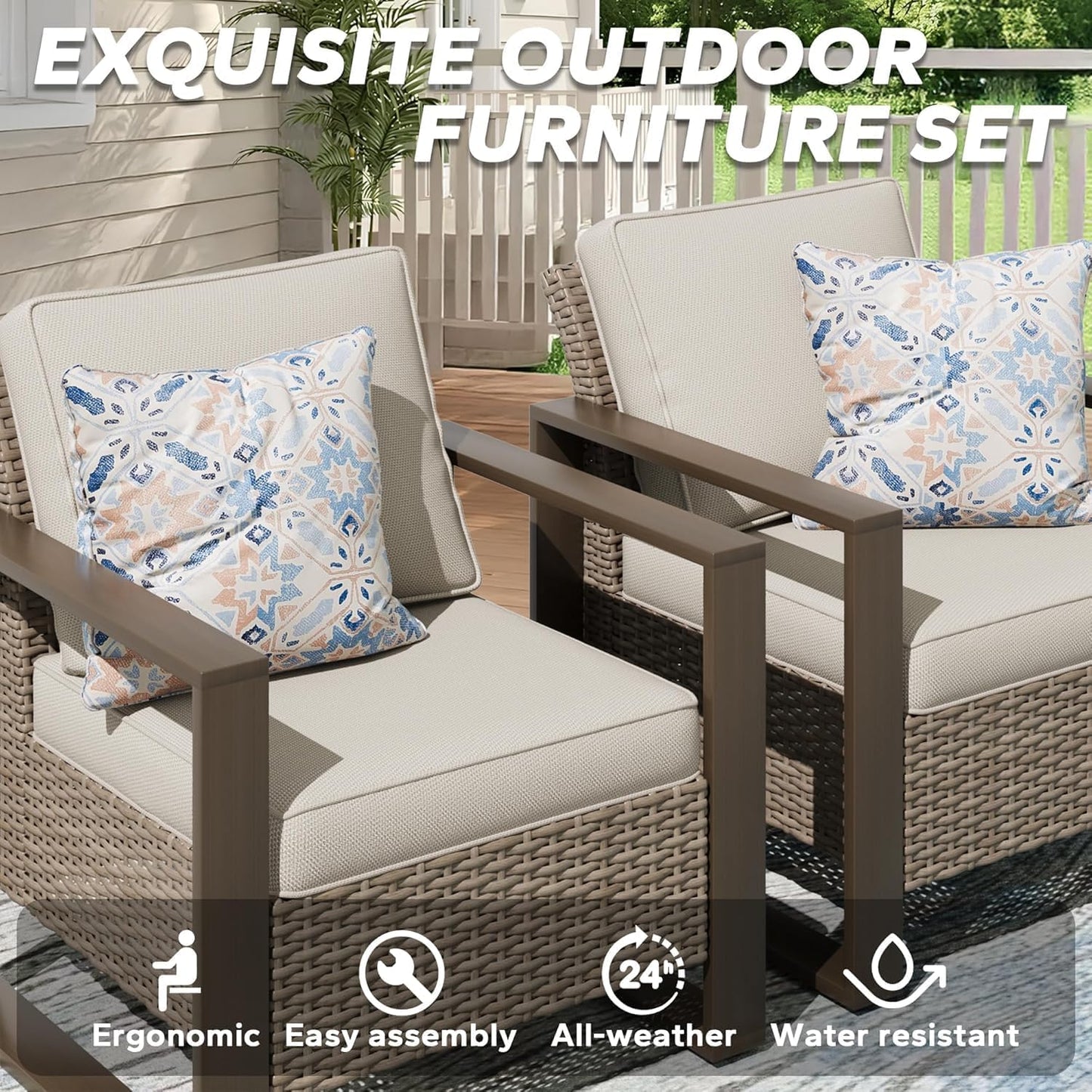 Outdoor Swivel Rocker Patio Metal Chairs Set of 2 - Porch Furniture 2 Pieces 360 Degree Glider Rockers Rattan Chairs with Washable Cushion & Metal Steel Rectangular Framed Armrest, Beige