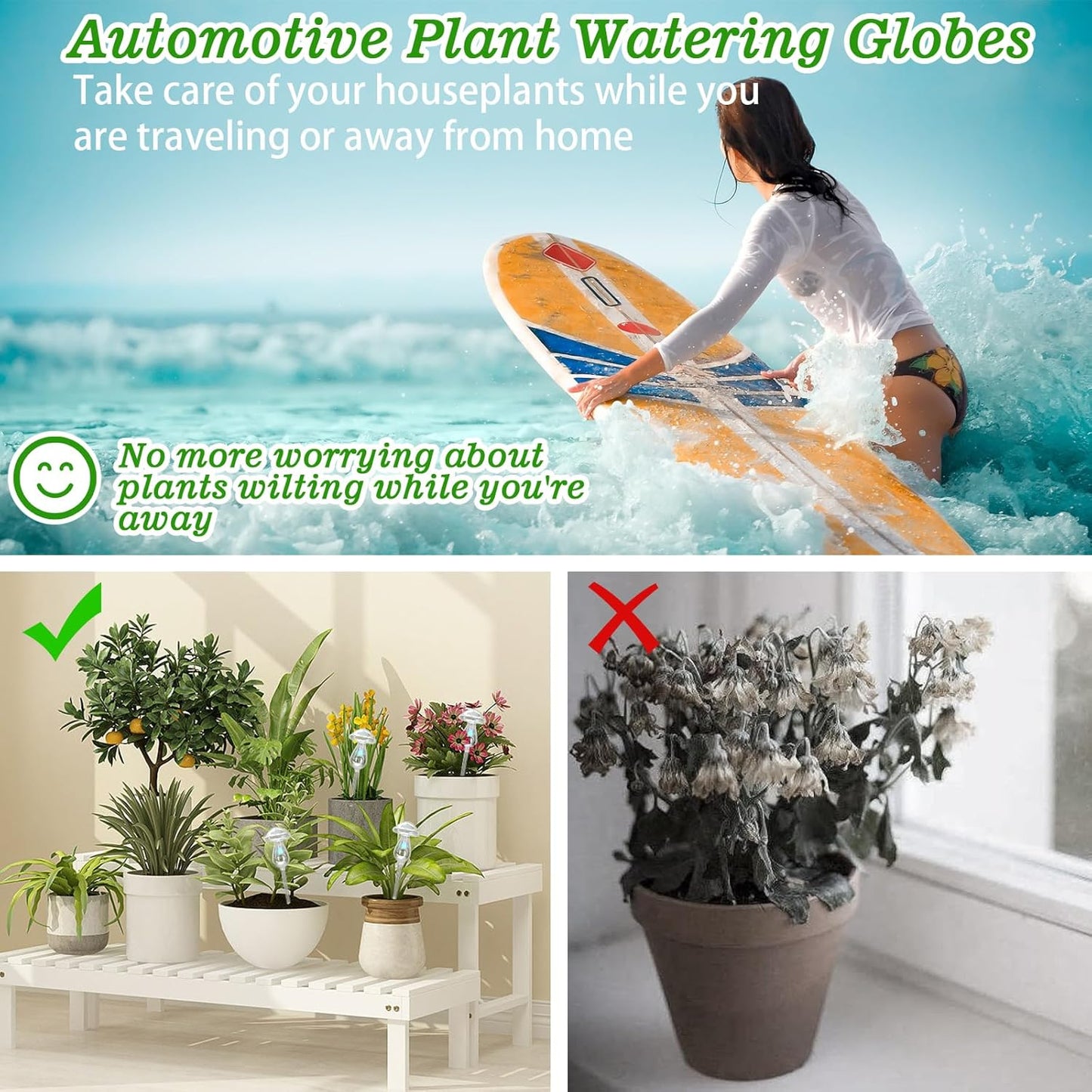 Plant Watering Globes, 4PCS Iridescent Rainbow Gradient Color Clear Glass Mushroom Self Watering Spikes Planter Insert, Automatic Plant Waterer Bulbs Devices for All Plants 9" L × 3.5" D
