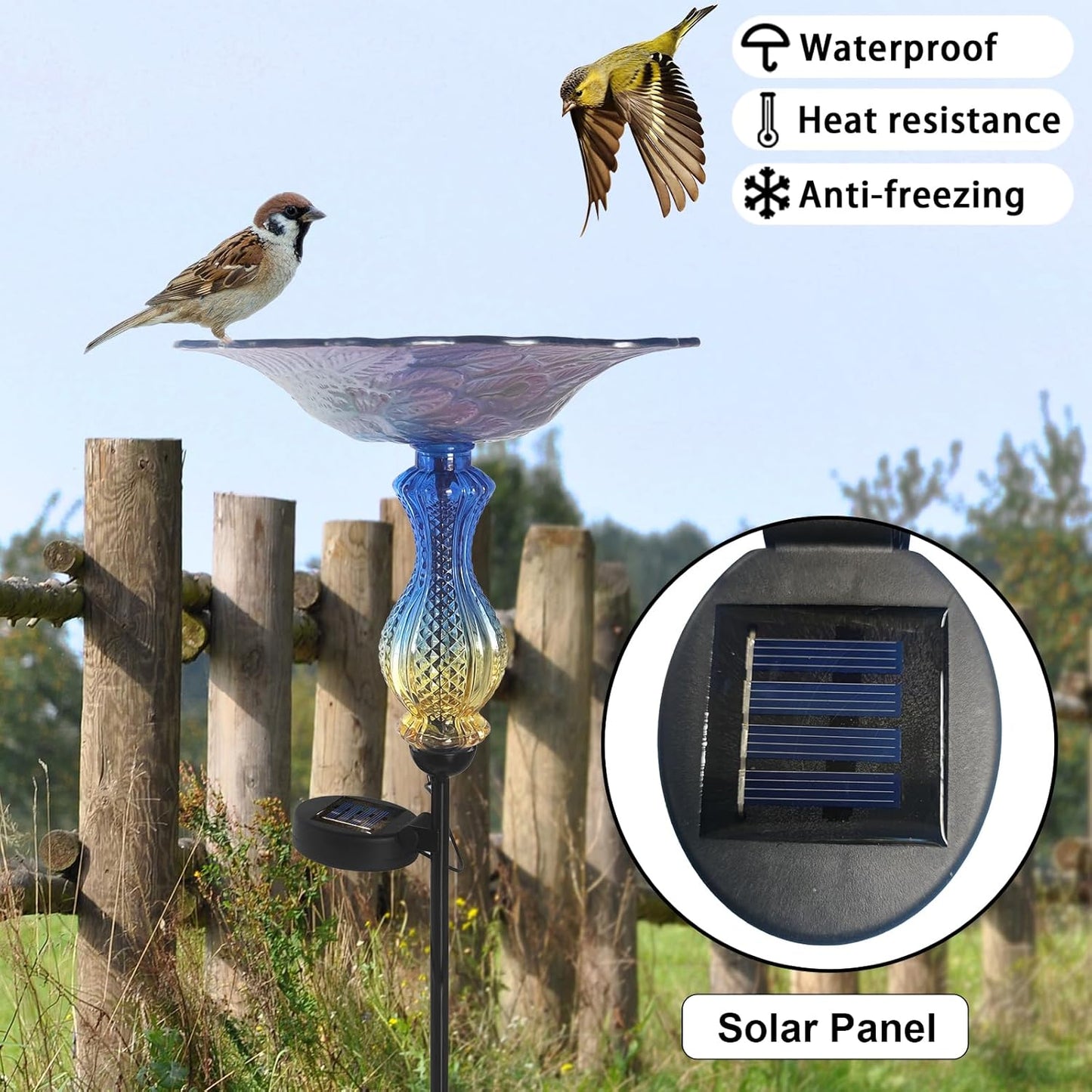 John's Studio Peacock Bird Bath for Outdoor - Glass Bowl Solar Light Bird Baths Cage Outside Dish Bird Feeder with Metal Stake for Garden, Yard and Patio - Blue 32 inches