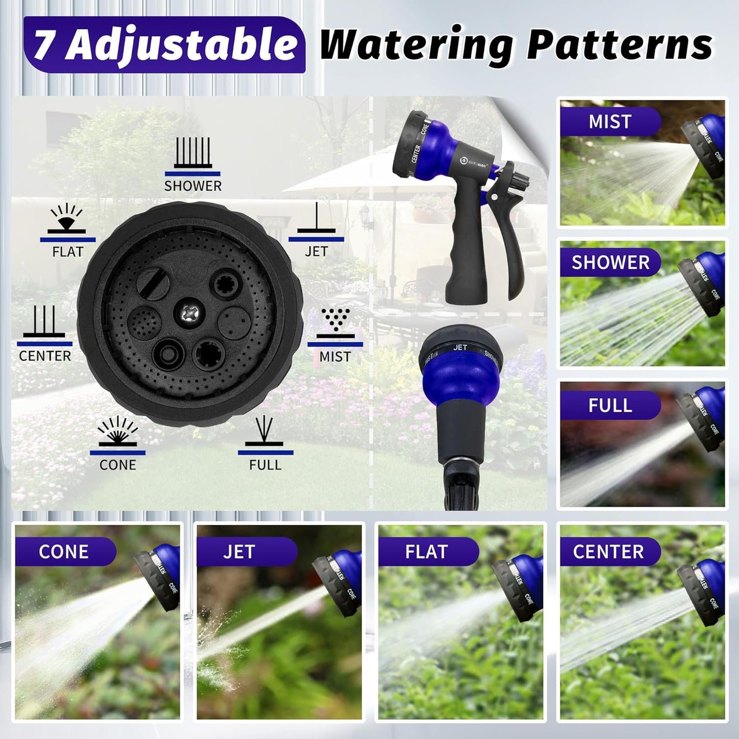 AUTOMAN Garden Hose Nozzle, Water Sprayer Nozzle with 7 Adjustable Watering Patterns,Slip Resistant Nozzle for Plants,Lawn,Washing Cars,Window Cleaning,Showering Pets & Outdoor Fun.