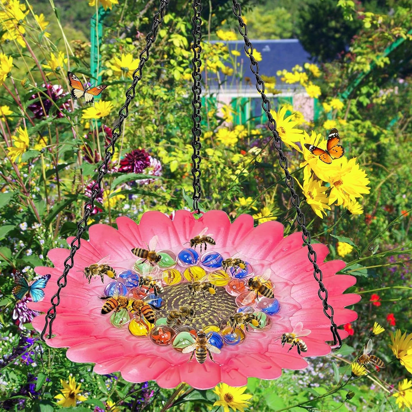 Bee Watering Station for Garden, Bee Bath Feeders for Outside with Vivid Flower Design, Hanging Butterfly Bowl with Glass Balls for Outdoor Courtyard Decoration (2Pcs-Pink)
