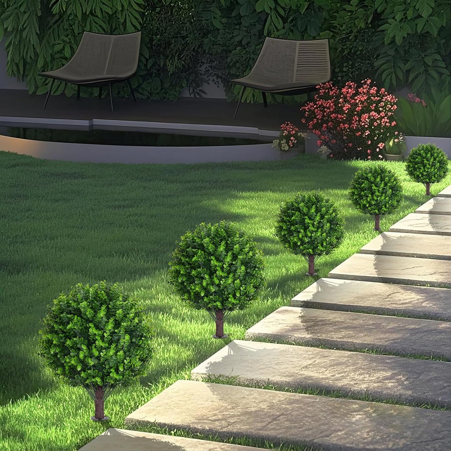 Artificial Topiary Tree with Eucalyptus, Set of 2 Artificial Shrub Bushes with Ground Spike, Fake Evergreen Tree for Porch, Artificial Plants for Outdoor Planters Indoor UV Resistant