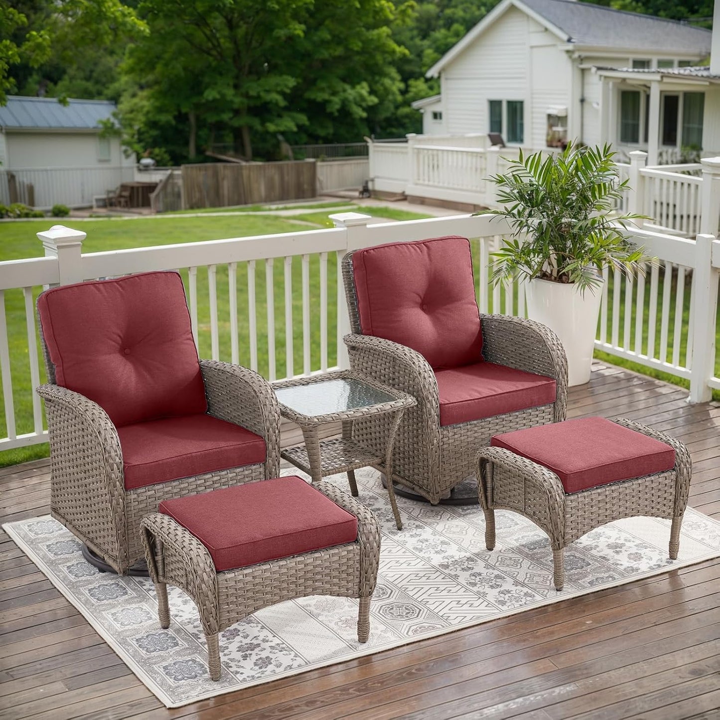 5 Pieces Wicker Patio Furniture Set - Swivel Rocker Outdoor Chairs with Ottomans and Side Table, Small Patio Conversation Set for Porch Deck Backyard Red