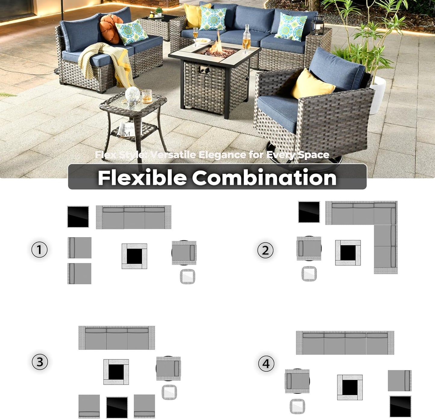 ovios 9 Pieces Patio Furniture Set, Outdoor Wicker Sectional Sofa with 30" Fire Pit Table Swivel Chair, Modern Modular Deep Seat Rattan Couch Conversation Sets, Denim Blue