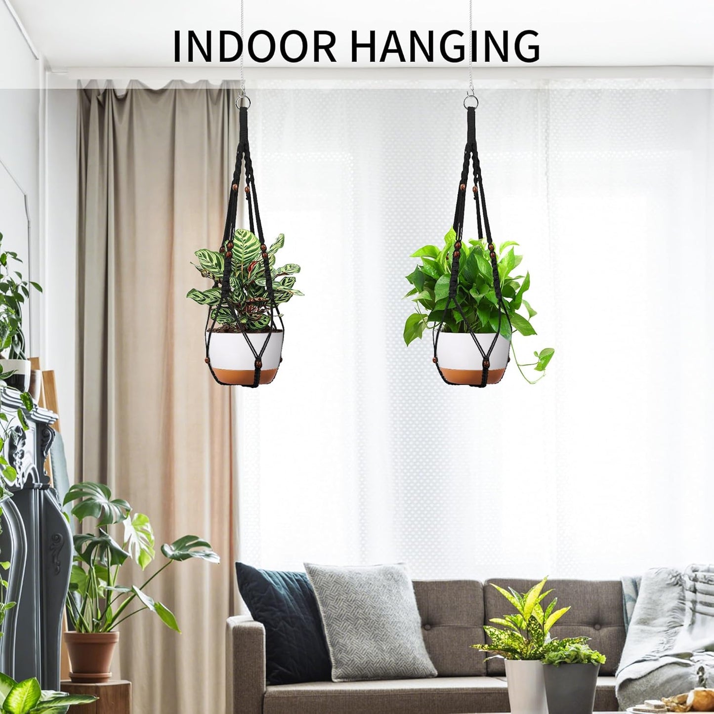 43 Inch Macrame Plant Hanger - Fits 6-15 Inch Pots, Extra Long Hanging Planter Holder for Indoor Outdoor, with Red Wood Beads, Boho Home Decor, 2 Pack, Black (POTS NOT Included)