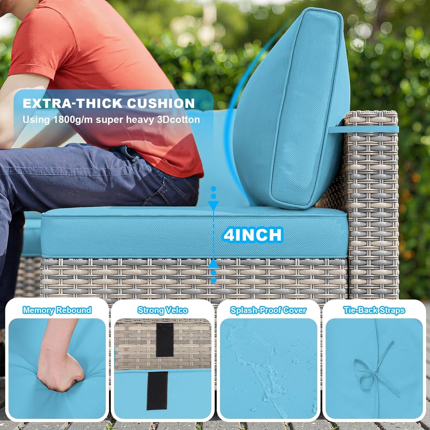 12-Piece Patio Furniture Set, Outdoor Patio Furniture with Swivel Chairs Set, Ottomans, Modular Patio Sofa, Dual-Strand Wicker Rattan, Rust-Resistant Frame, Lake Blue