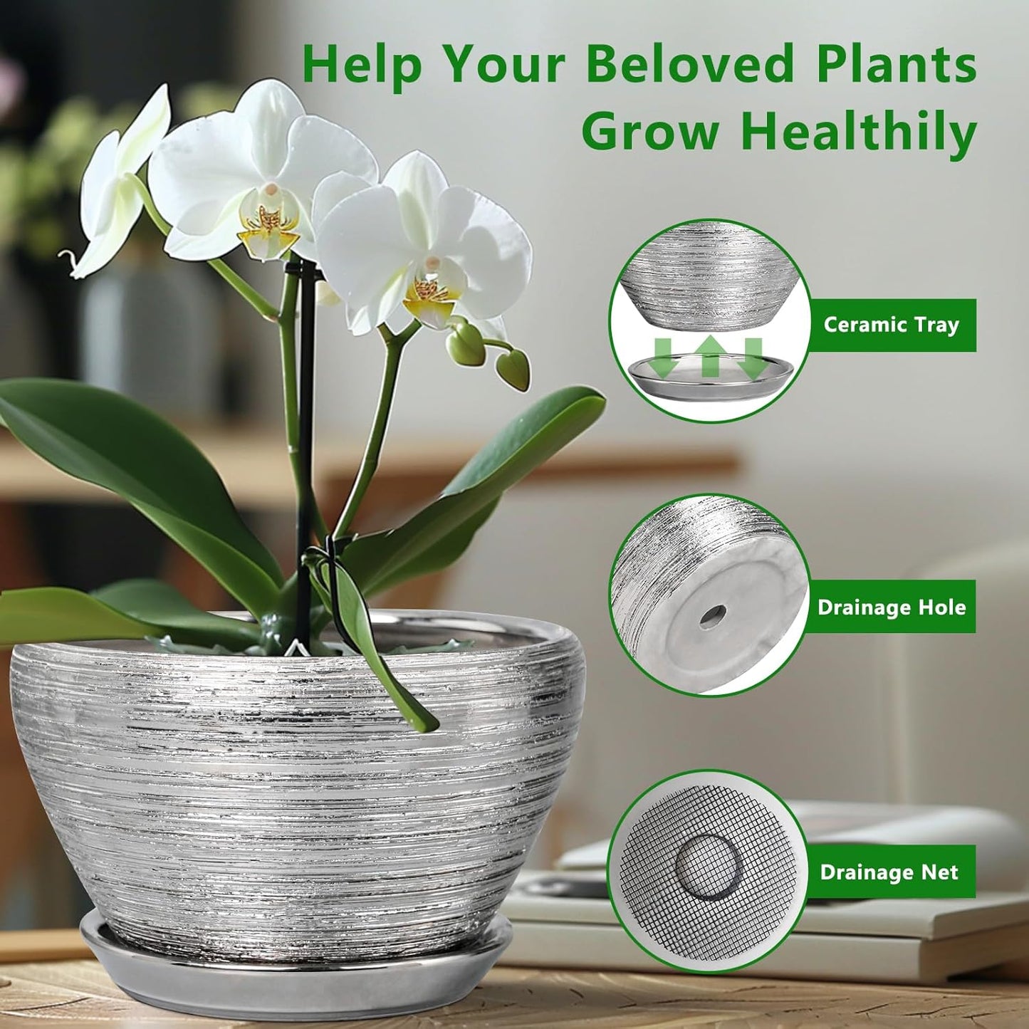 Pot for Plants 9 Inch - Ceramic Plant Pot Indoor with Drainage Hole and Saucer Round Planter for Indoor Plants Modern Decorative Flower Pot for Home Decor Silver