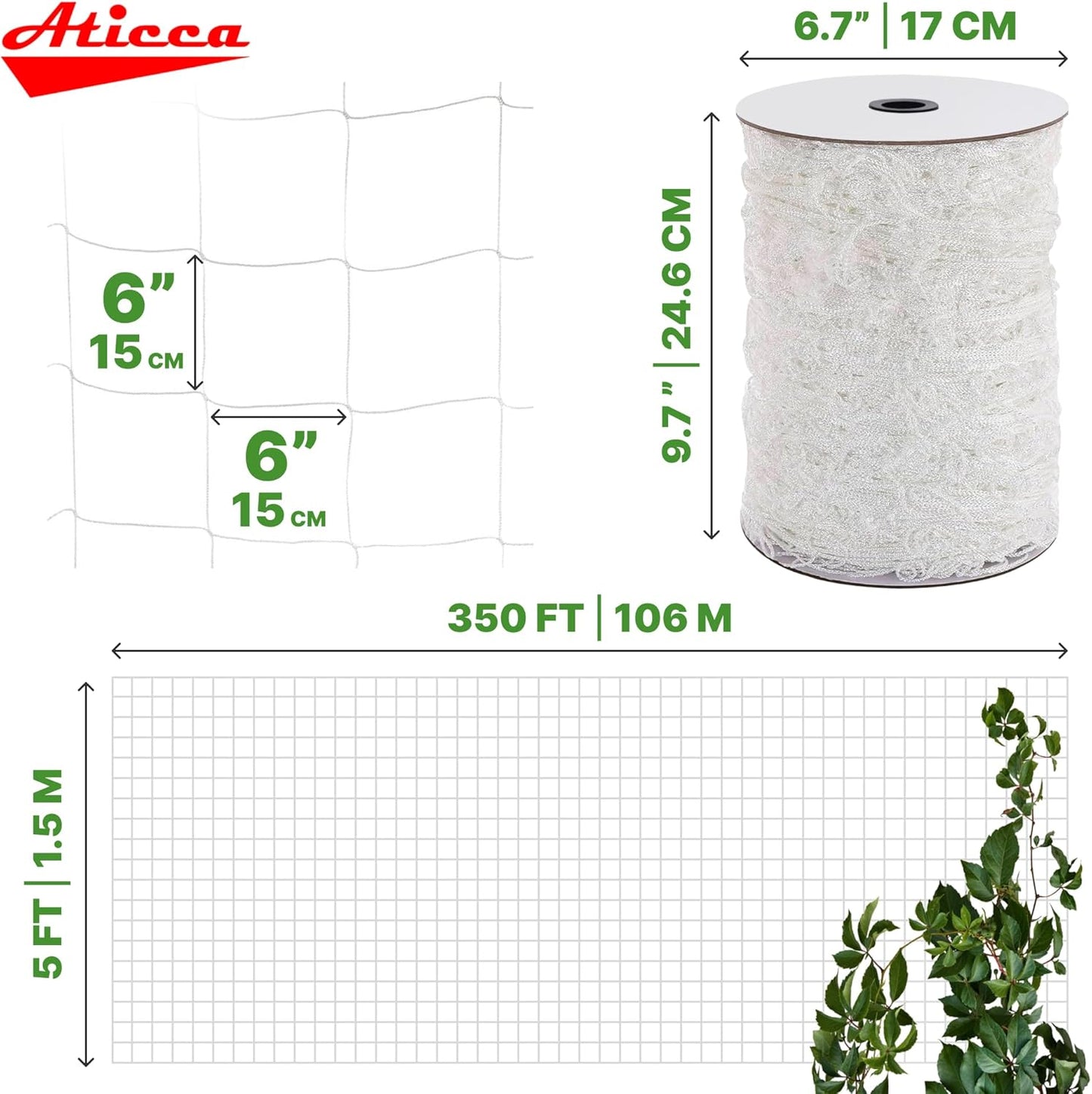 Trellis Netting 5 x 350 ft Heavy Duty Polyester Plant Support Netting White - 6 Inch Garden Rope Trellis on Roll - Mesh Twine for Growing Vine Climbing Plants, Flowers, Peas, and Tomatoes