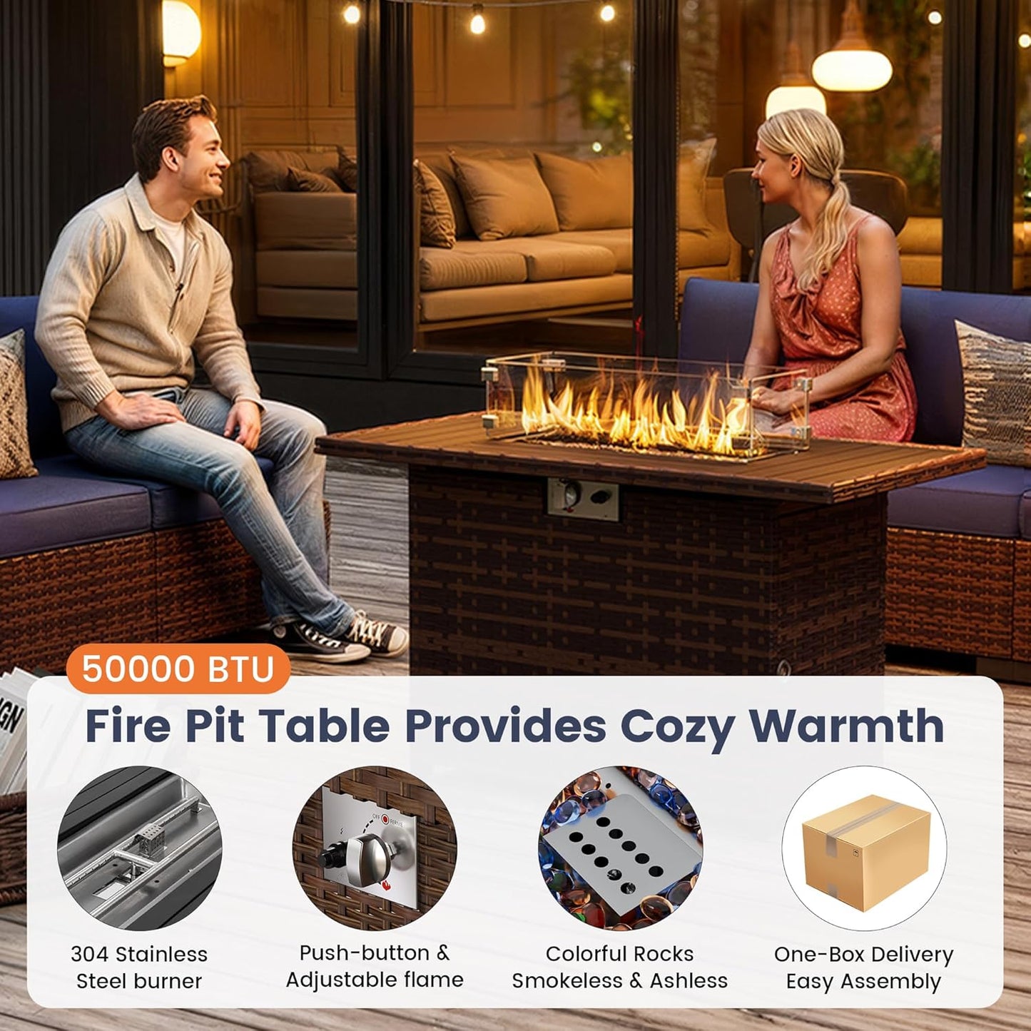 UDPATIO Patio Furniture Set with Fire Pit Table, 8 Piece Outdoor Sectional Modular Sofa, Wicker Outdoor Furniture Conversation Sets with Waterproof Cover for Backyard Deck (Brown/Navy Blue)