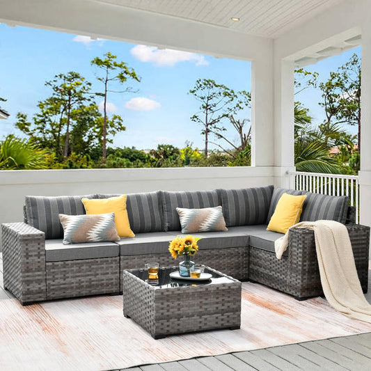 HOOOWOOO Modular Patio Outdoor Sectional Furniture Set,6 Piece Wicker Conversation Sofa Set,Out Door Couch Set with Wide Arm for Outside All Weather(Grey Stripes)