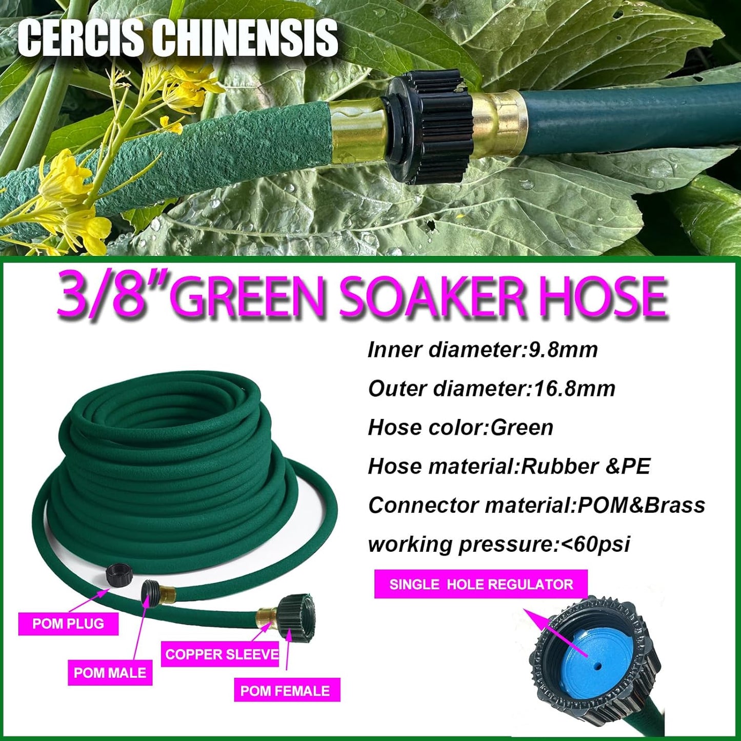 3/8” Soaker Hose 100 ft/Upgraded Rubber Hose Save 70% Water/Flexible Durable Garden Hose Quick Connect Fittings with Brass Ends/Ideal for Lawns,Trees,Vegetables,Gardens & Flower Beds