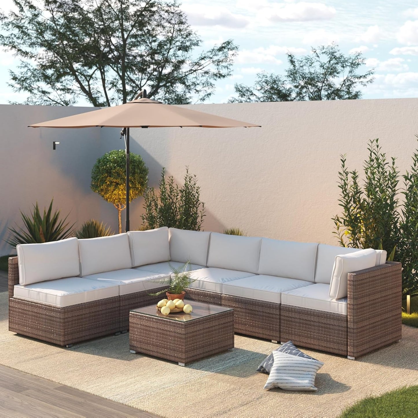 7 Piece Patio Furniture Set, Outdoor Couch Set—All-Weather Outdoor Furniture Sectional w Water Resistant Thick Cushions, Patio Sofa Set w 2 Extra Pillows and Coffee Table, Beige/Brown