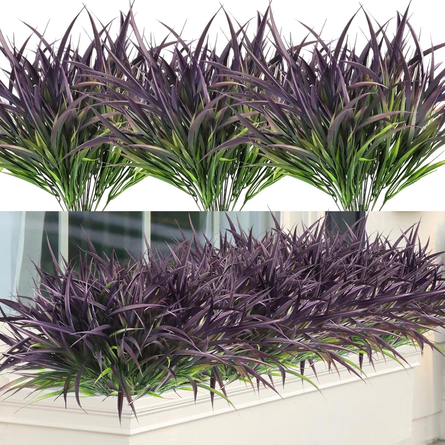 Ouddy Decor 16 Bundles Artificial Plants Outdoor Fake Grass Greenery Stems UV Resistant Faux Plastic Shrubs for Autumn Garden Pathway Front Porch Home Harvest Thanksgiving Halloween Decor, Purple