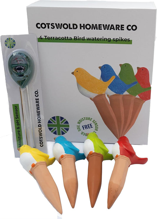 Plant Watering Devices, Plant Waterer Self Watering Terracotta Bird Spikes Automatically Water Indoor and Outdoor Plants While On Vacation (4pc) Plus Free Moisture and pH Sensor