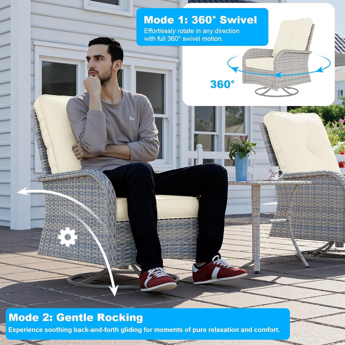 17-Piece Patio Furniture Set, Outdoor Patio Furniture with Swivel Chairs Set, Thick Cushions, Modular Patio Sofa, Dual-Strand Wicker Rattan, Rust-Resistant Frame, Ivory