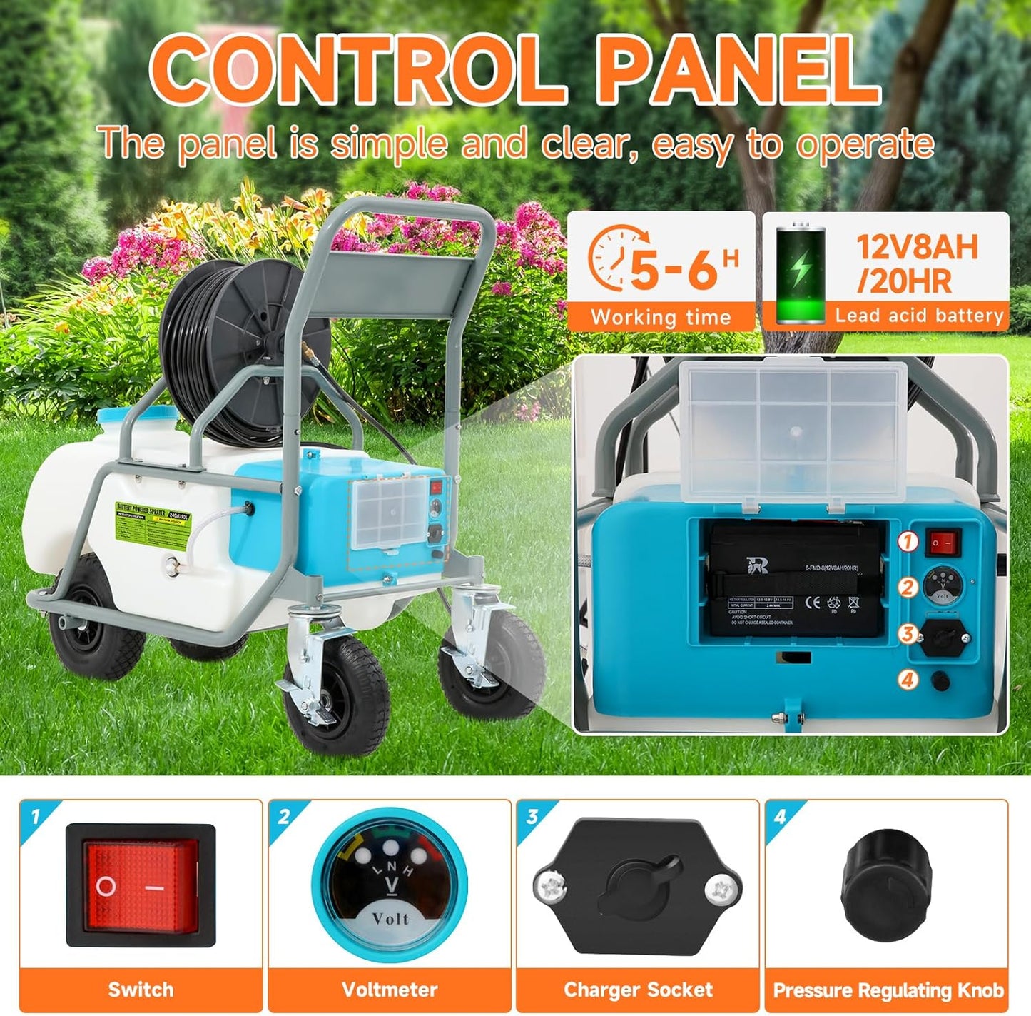 24 Gallon Battery Powered Sprayer,90 PSI Electric Pump,6 Hours Long Battery Life,12V 8Ah Battery,Adjustable HD Wand and 10 Nozzles,Portable Sprayer with Wheels for Lawn & Garden Spraying, Cleaning