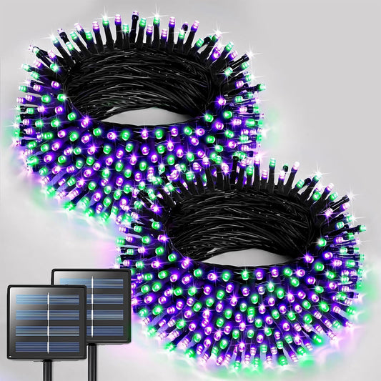 JMEXSUSS 2 Pack Purple and Green Halloween Lights, Total 400 LED 151FT Solar Halloween Lights Outdoor Waterproof, 8 Modes Solar Christmas String Light for Outside Tree Patio Decorations