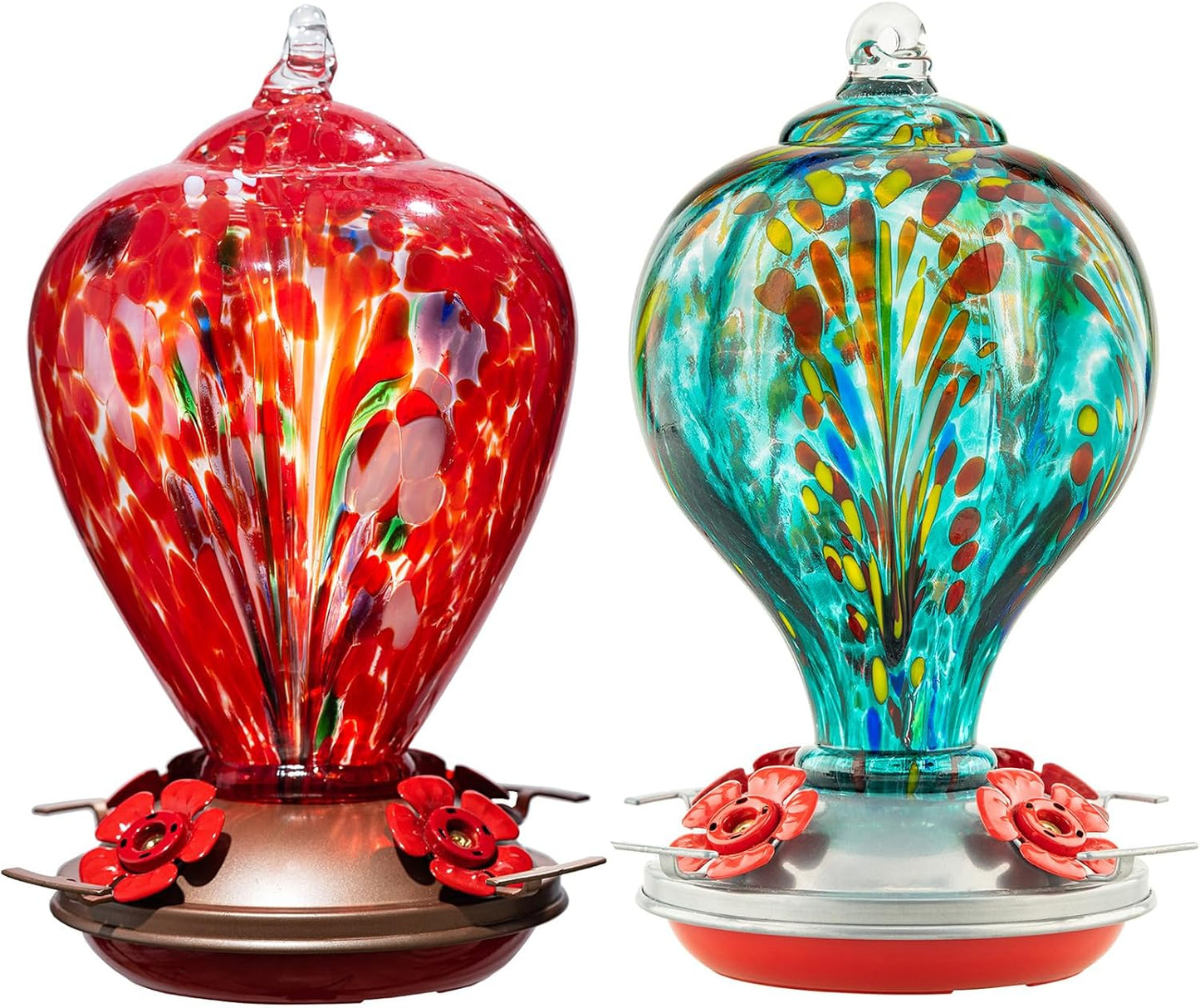 2 Packs Hummingbird Feeder for Outdoors Hanging, 34OZ & 32OZ Hand Blown Glass Hummingbird Feeders for Outside, Red & Teal