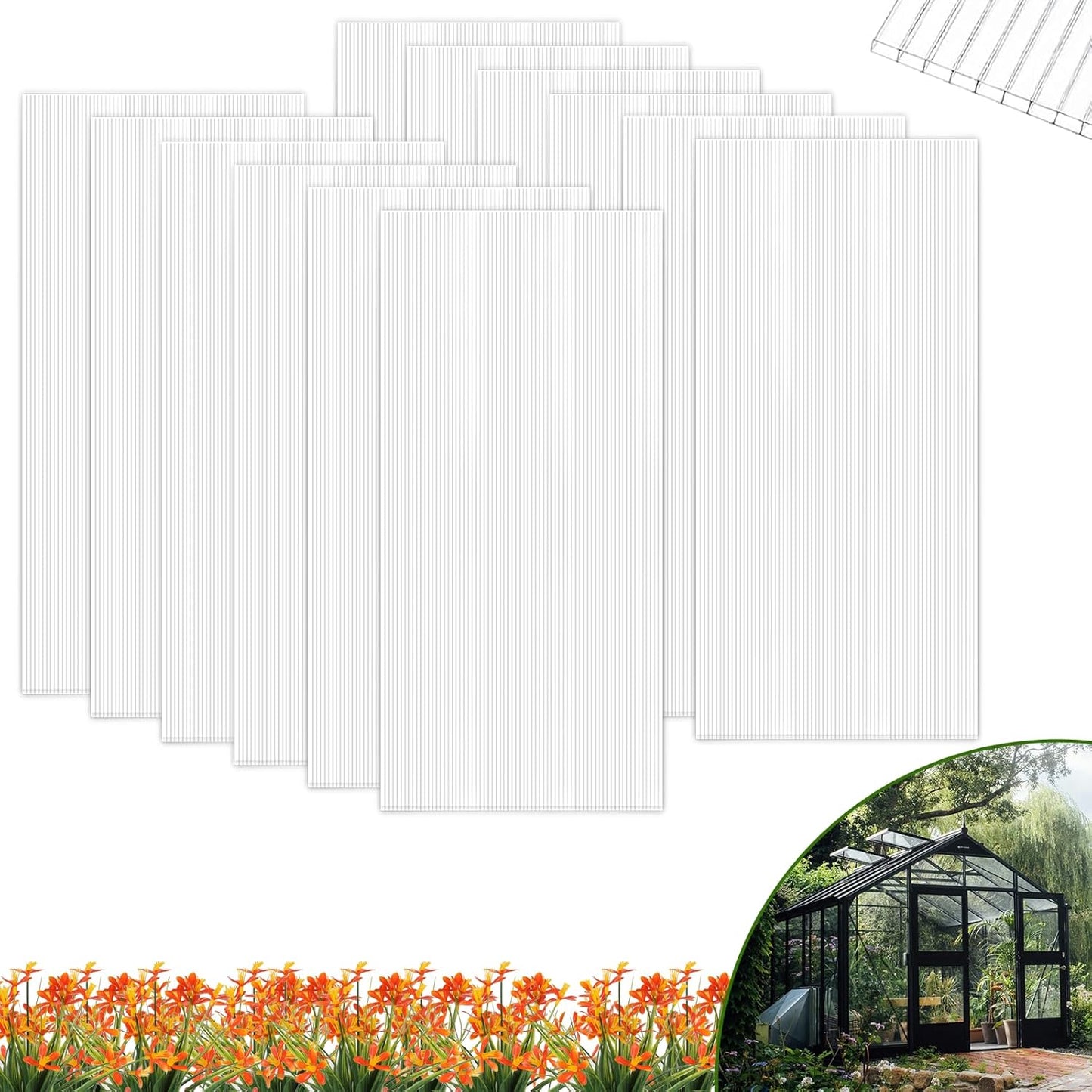 12 Pcs Polycarbonate Greenhouse Panels Waterproof UV Protected Polycarbonate Double Layer Polycarbonate Panels Sheet Corrugated Plastic for Greenhouse, Outdoor, Plant Stand Roof(4' x 2' x 0.24'')