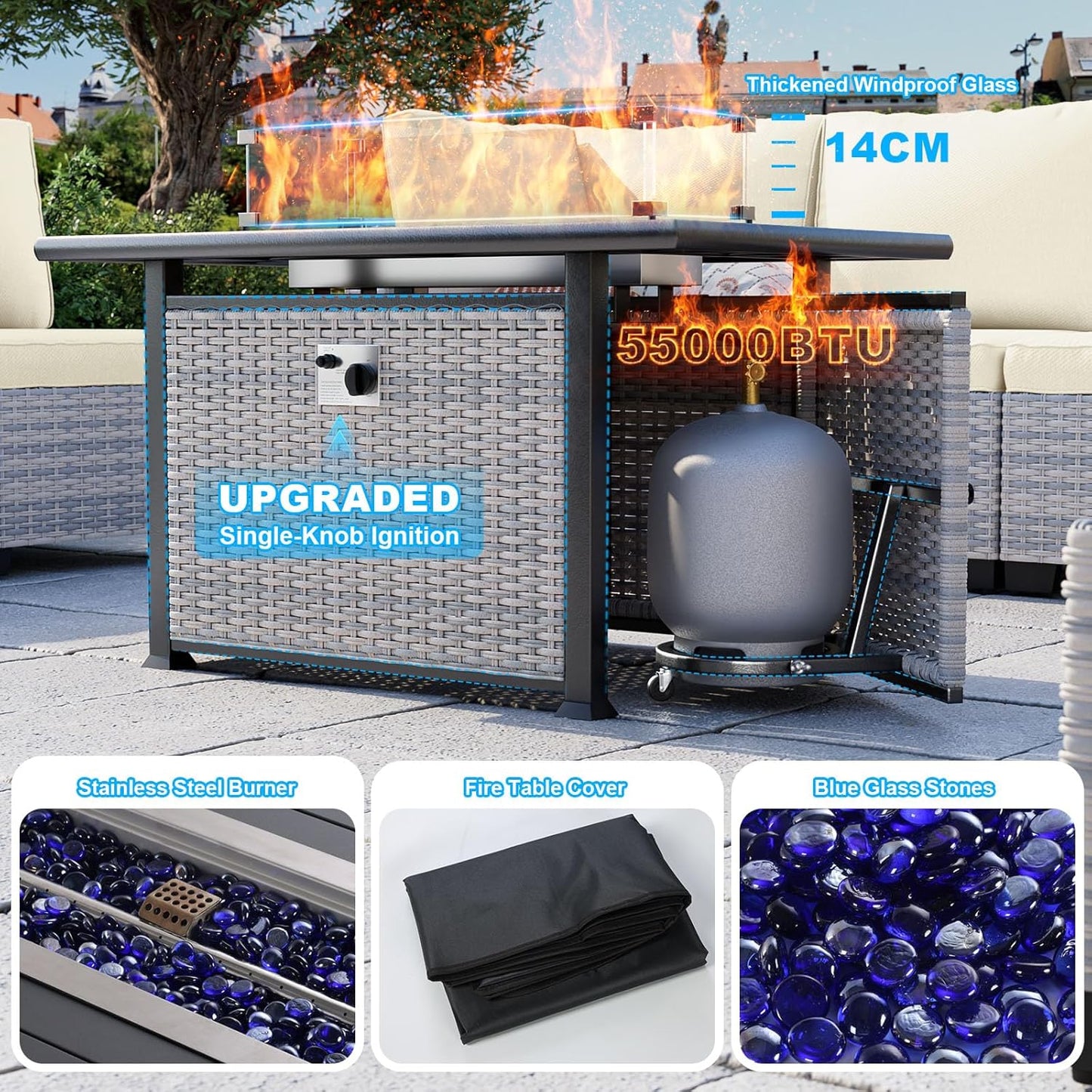 11-Piece Patio Furniture Set, Outdoor Patio Furniture with 55,000 BTU Fire Pit Table, Swivel Chairs Set, Thick Cushions, Modular Patio Sofa, Dual-Strand Wicker Rattan, Rust-Resistant Frame, Ivory