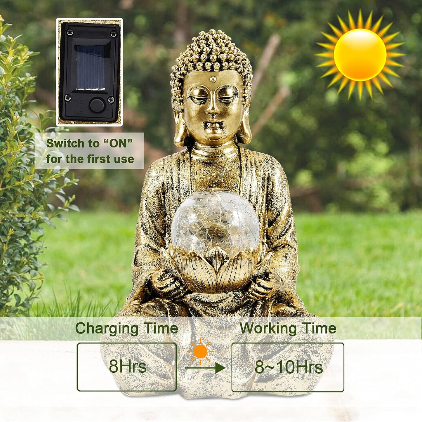 Nacome Meditating Buddha Statue with Solar Light,Zen Solar Garden Buddha with Cracked Glass Ball Sculpture-Indoor/Outdoor Decor for Balcony,Garden,Patio,Porch Yard Art Ornament,10.5 inch(Gold)