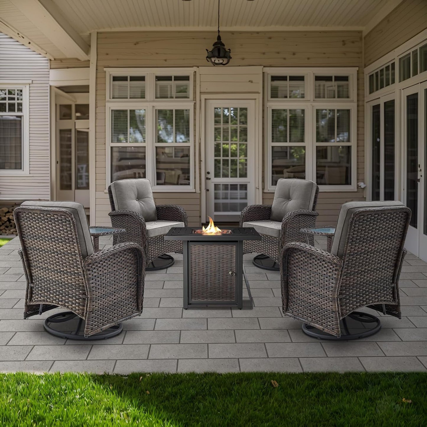 7-Piece Modern Brown Wicker Patio Conversation Set - 4 Swivel Glider Chairs, 2 Side Tables & 30" 50,000 BTU Propane Fire Pit Table