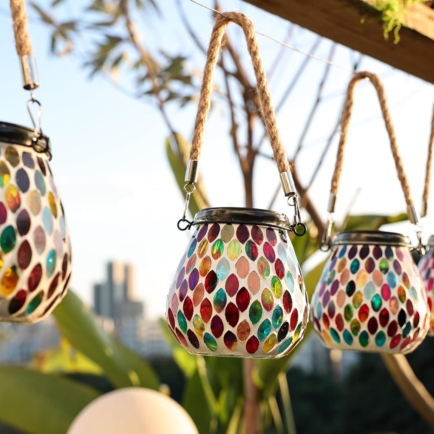 Cooo 2 Pack Mosaic Solar Lantern Outdoor Waterproof IP68 Hanging Projection Light Hidden Lid Pear-Shaped Lantern with Rope Handle Solar Powered Auto On for Patio Garden Fence Table - Crimson Ember