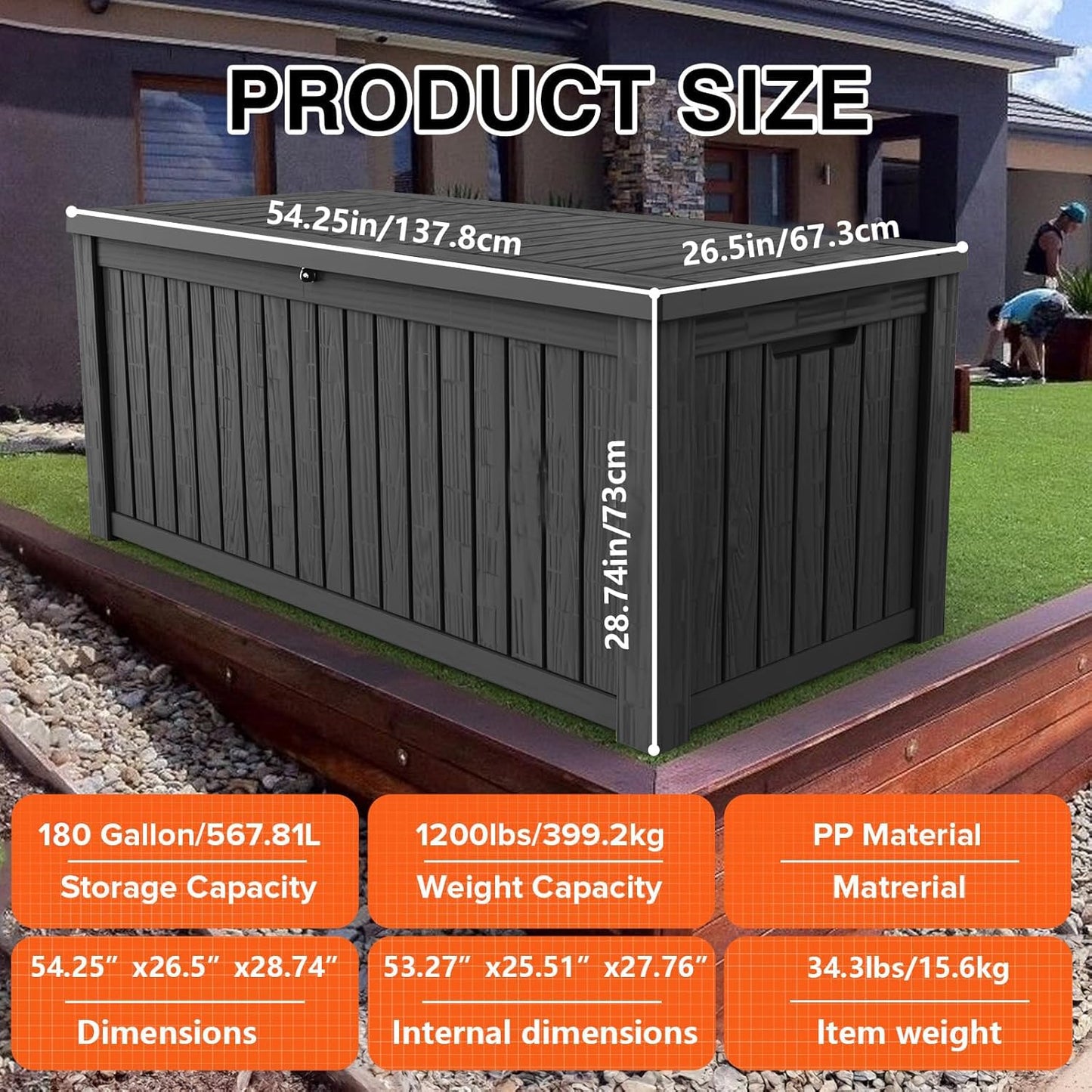 180 Gallon Lockable Resin Deck Box, Waterproof & UV-Resistant Outdoor Storage Box for Outdoor Cushion Storage, Garden Tools & Pool Accessories Storage, Black