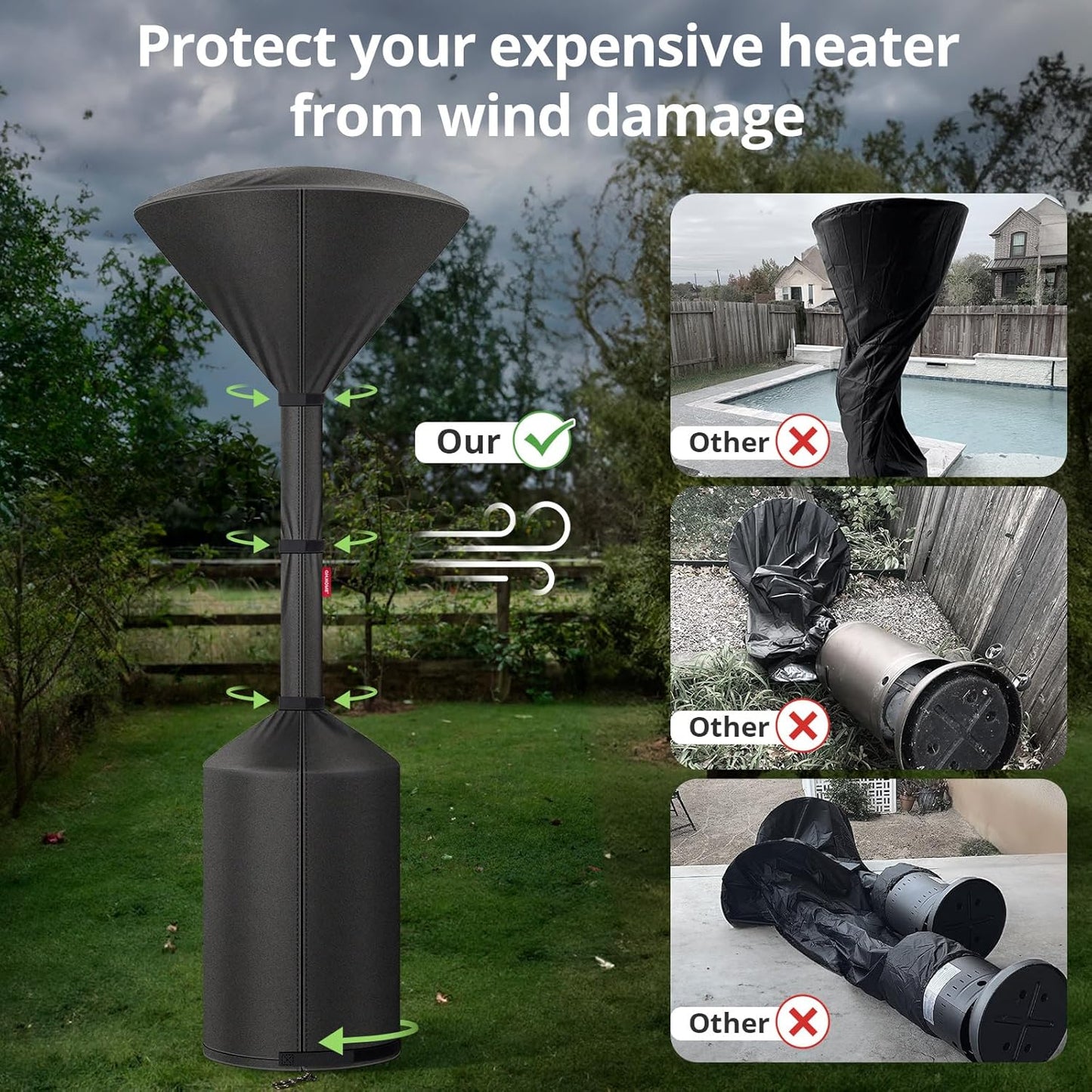 QH.HOME Winter Patio Heater Covers, [2025 Upgraded Tear-Resistant Fabric] Waterproof with Robust Zipper ,Height fit 87"-92",Dustproof/Wind/Sunlight/Snow-Resistant, Black