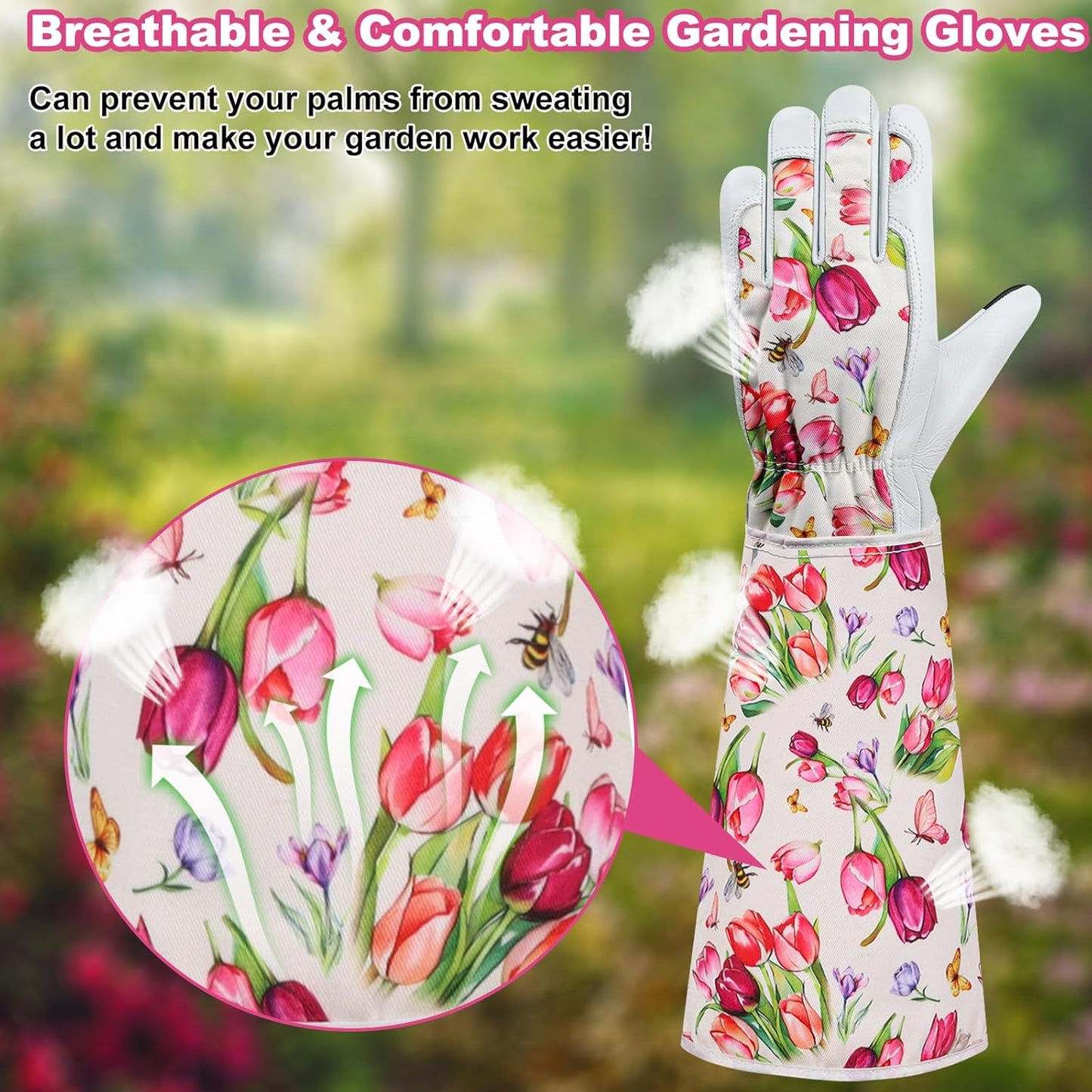 DLY Gardening Gloves for Women, Rose Gloves Gardening Thorn Proof, Long Garden Gloves for Women, Breathable Cowhide Leather Gauntlet(Large,White)