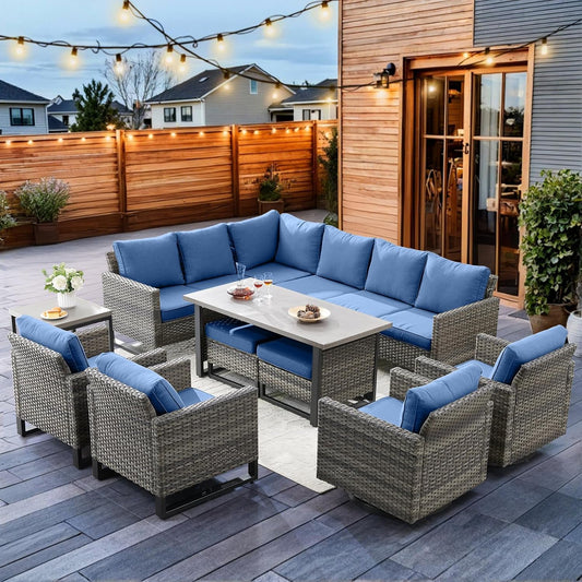 HUMMUH Patio Furniture 10 Piece PE Wicker 6-Seater Outdoor Sectional Sofa Patio Swivel Chairs Outdoor Chairs with Tables for Porch,Garden,Backyard,Deck
