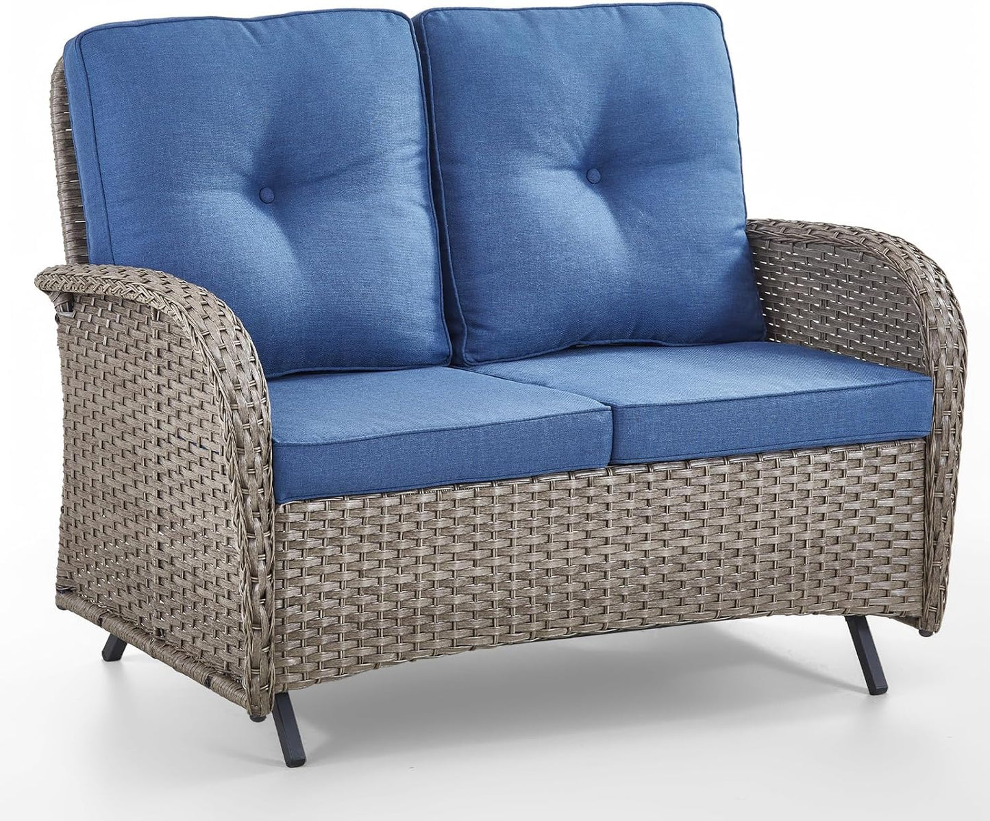 HUMMUH 2-Person Outdoor Glider Bench-All-Weather Wicker Patio Double Swing Rocking Chair Patio Loveseat for Deck Lawn Porch Balcony Poolside-Grey/Blue