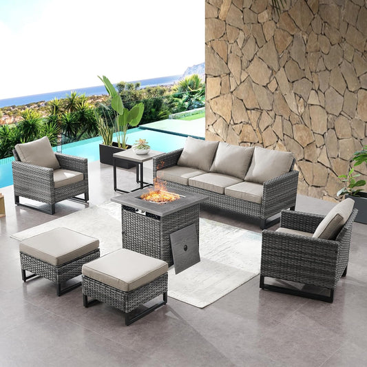HUMMUH 7 Piece Patio Furniture with Fire Pit 30in 55,000 BTU,PE Wicker Outdoor Conversation Sets - Couch,Patio Chairs and Ottomans,Side Table for Porch,Garden,Backyard