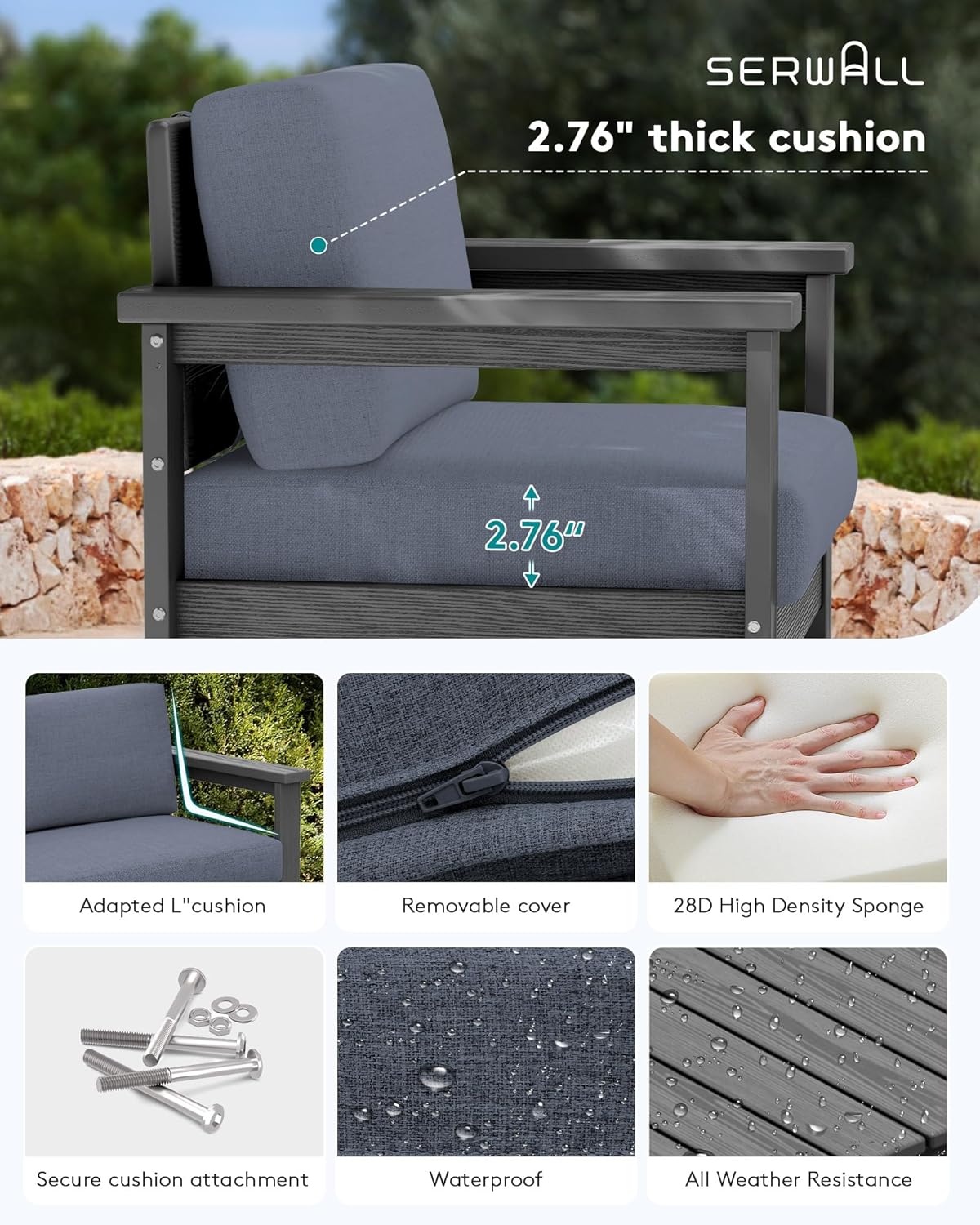 SERWALL 5 Pieces HDPE Outdoor Sofa Set with Cushions, All Weather Loveseat Social Furniture Set, Couch Conversation Chairs with Coffee Table, Grey Frame with Grey Cushions