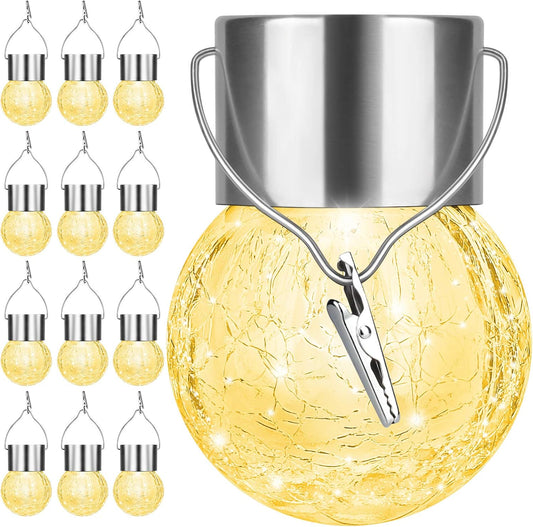 12Pack Hanging Outdoor Solar Lights - Decorative Cracked Glass LED Ball Lights Waterproof Tree Solar Powered Globe Lights with Handle for Garden Yard Patio Fence Christmas Decoration, Warm White