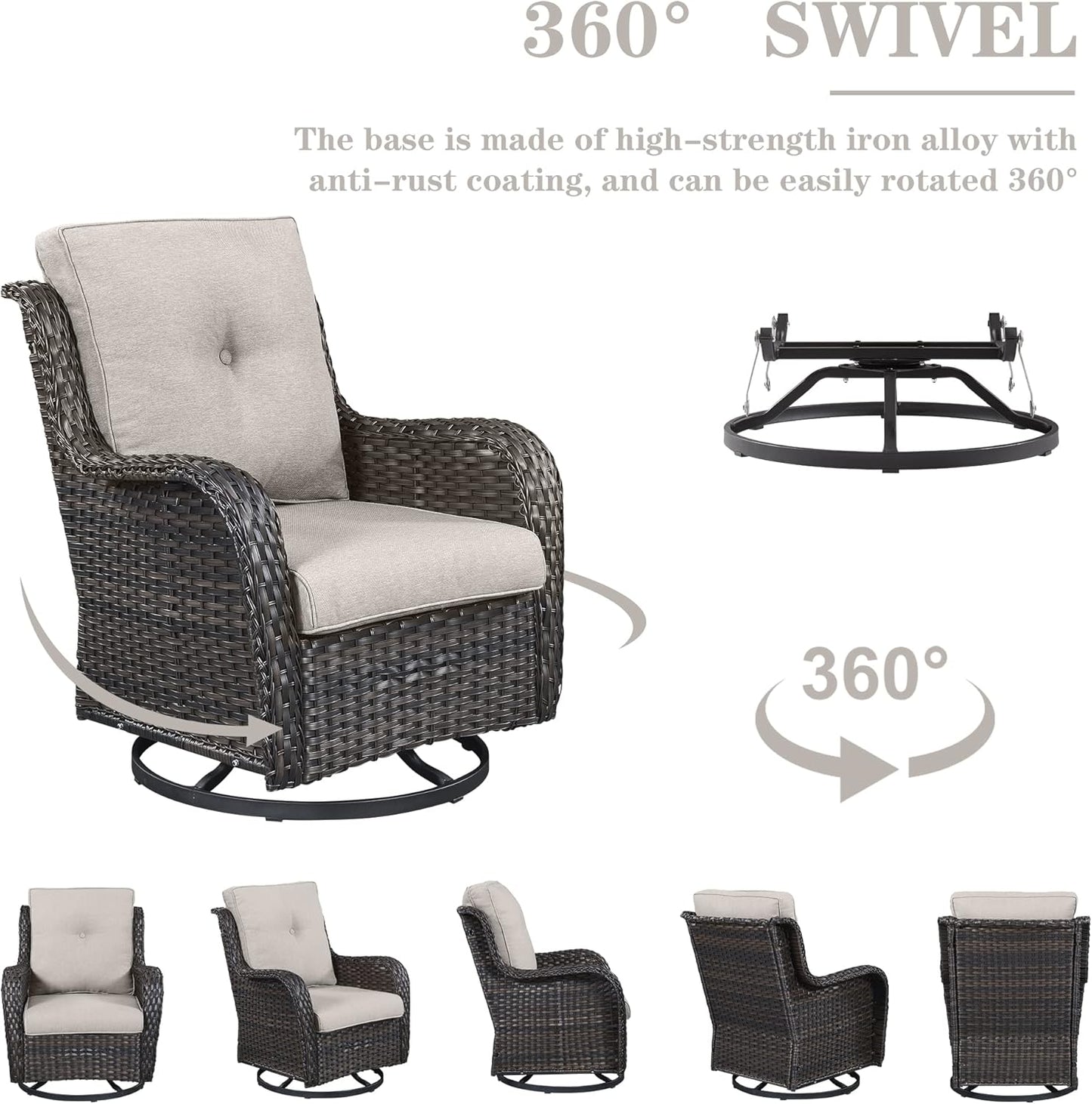 Outdoor Sectional Sofa Furniture Set with 50000BTU Propane Fire Pit Table, Wicker Patio Conversation Set with 2 Swivel Glider Rocker Chairs Beige Cushion Perfect for Backyard Casual Gathering